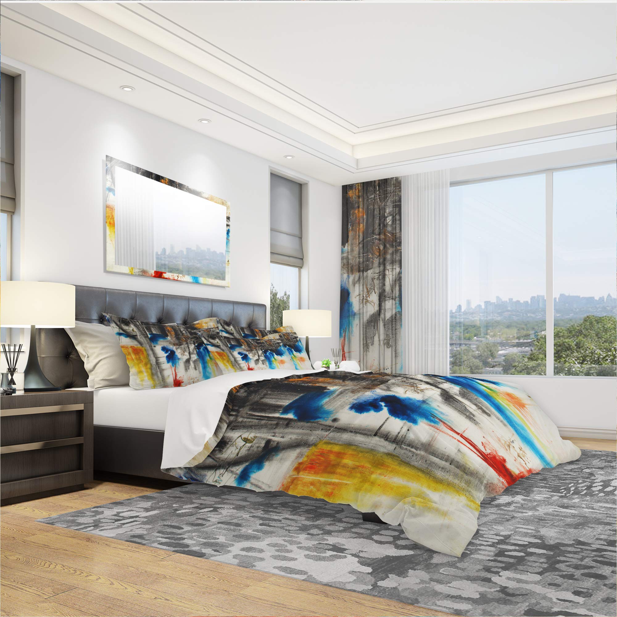 Modern Black Blue Yellow Abstract Duvet Cover Set King - 3Pc All-Season Bedding for Contemporary Homes