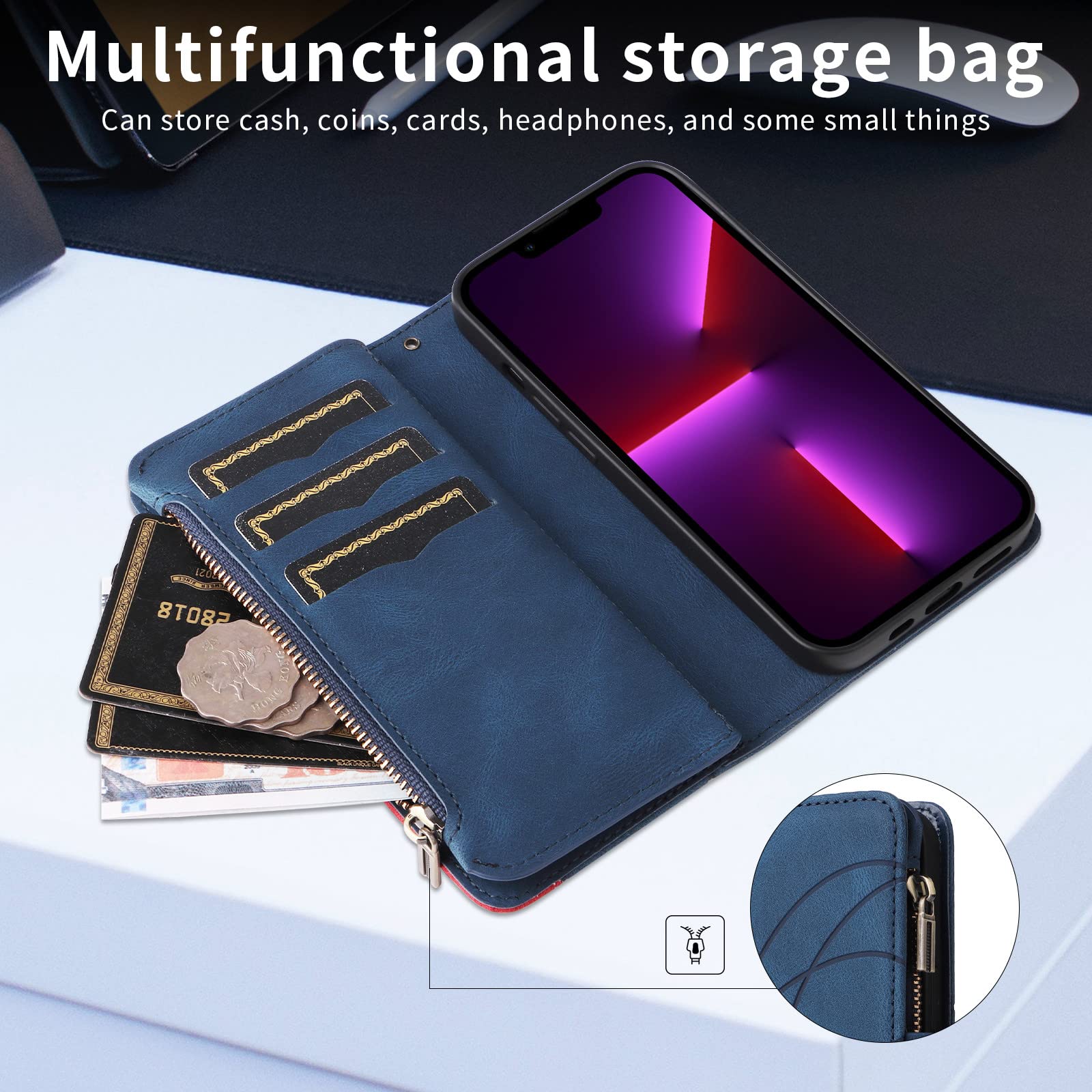 XYX PU Leather Flip Wallet Case for Xiaomi Poco X3 NFC - Zipper Purse with 9 Card Slots & Wrist Strap, Blue | Perfect for Business, Travel & Daily Use