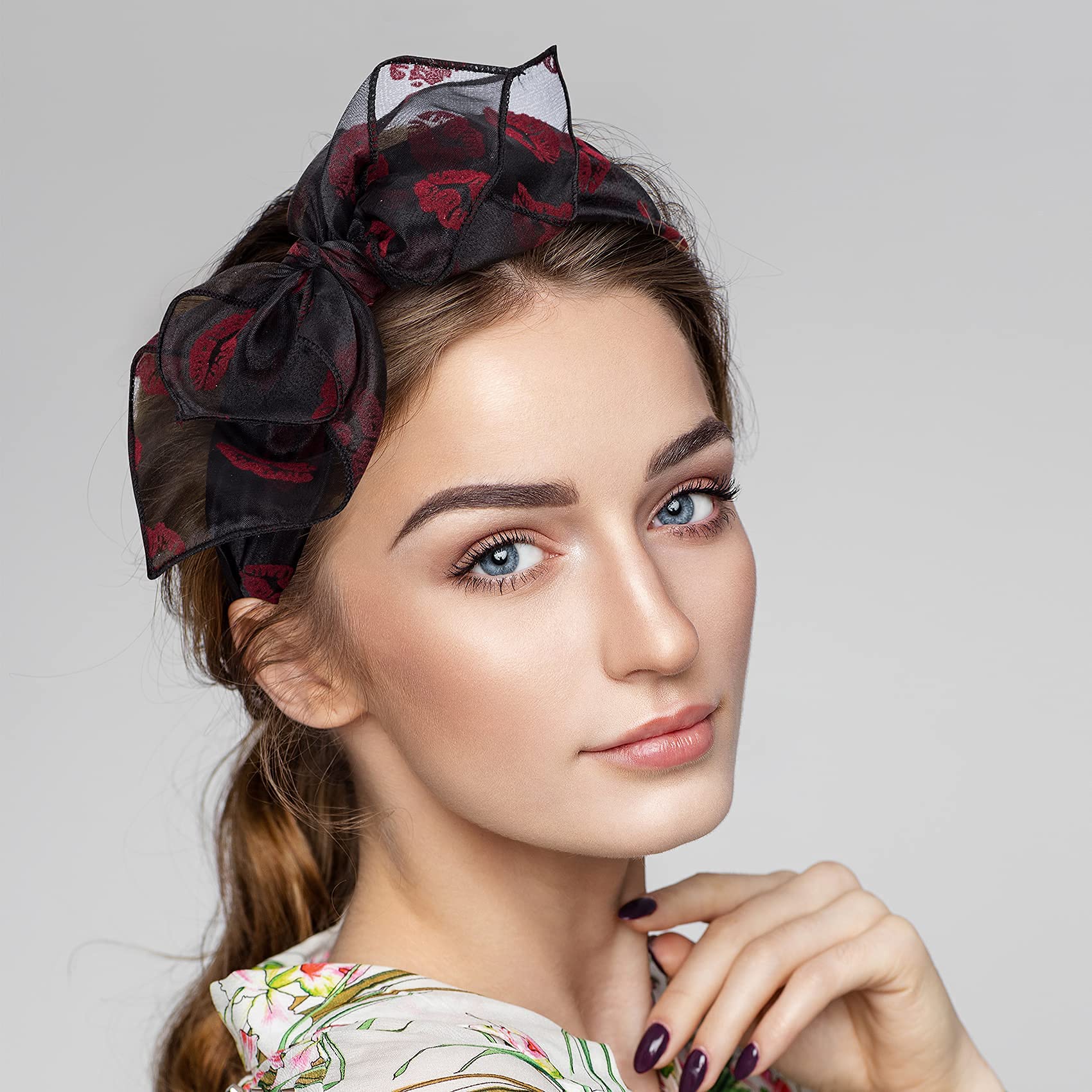 PAGOW 2-Pack Solid Color Lip Bow Knotted Headbands - Soft Gauze Rabbit Ears Wide Hairband with Cloth Wrapped Headwear for Girls & Women (Black Lip, Red Lip) | Perfect for Parties, Cosplay, and Everyday Fashion Accessories