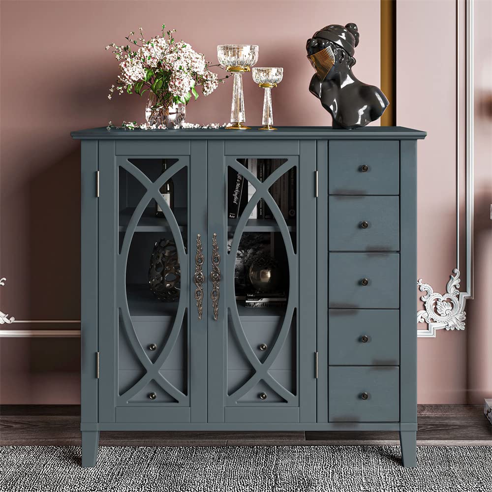 Navy Blue Wooden Accent Storage Cabinet with 4 Carved Glass Doors, Adjustable Shelf, 5 Small & 2 Large Drawers - Entryway Console Table, Kitchen Buffet Sideboard for Dining Room & Living Room Storage