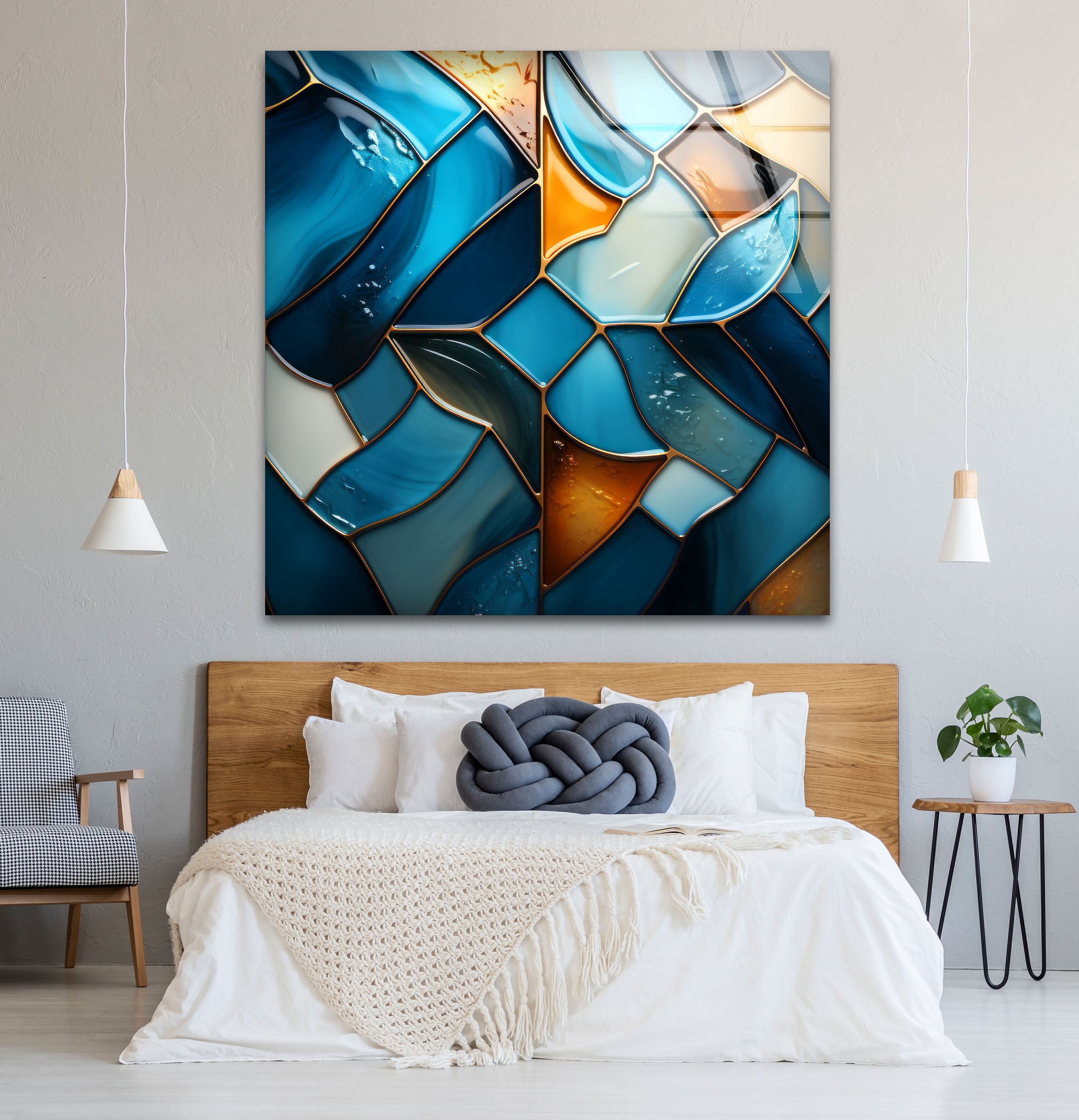 Blue Stained Glass Wall Art - Abstract Mosaic Glass Print Decor for Living Room, Bedroom & Office | Handmade Modern Home Decor