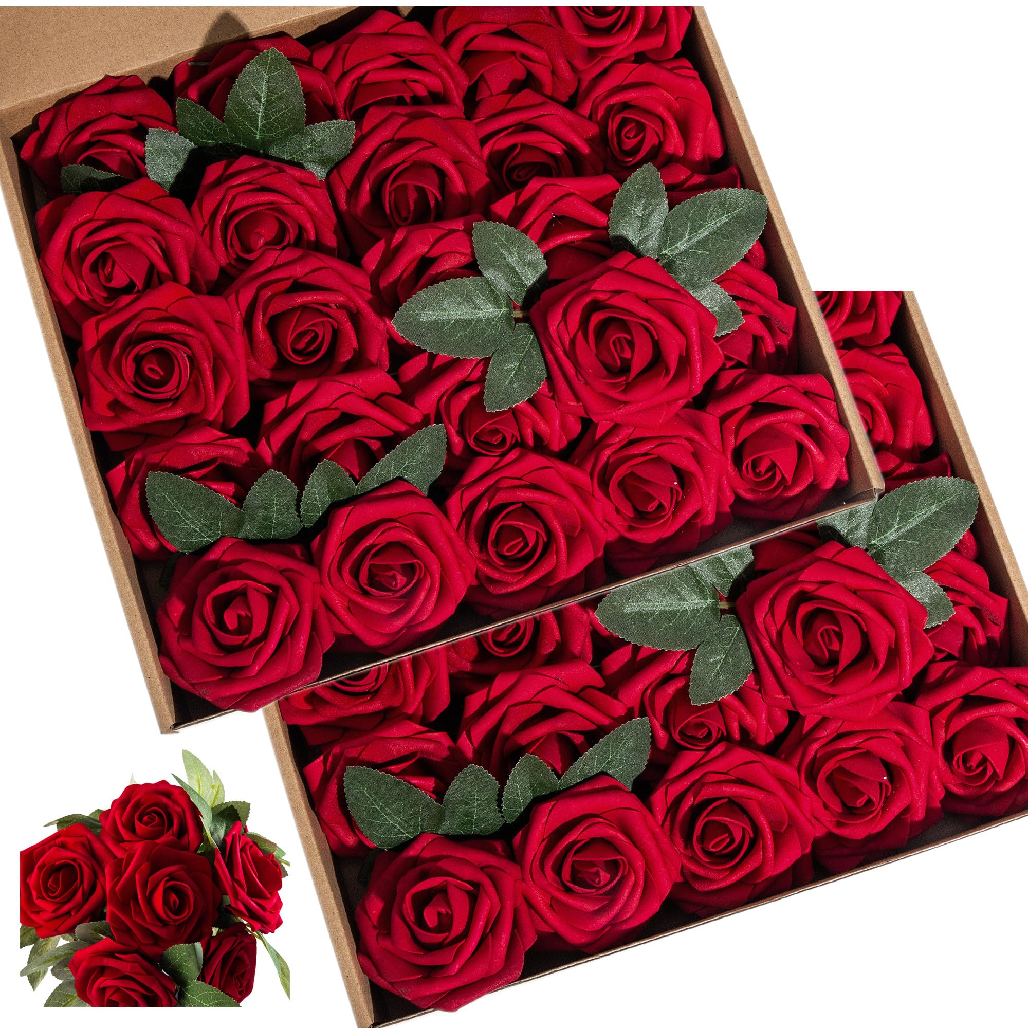 50pcs Realistic Dark Red Silk Rose Artificial Flowers with Stems & Leaves - Wedding Bouquets, DIY Centerpieces, Home Decor, Party & Garden Decoration - Perfect for Valentine's Day, Anniversary Gifts & Table Arrangements