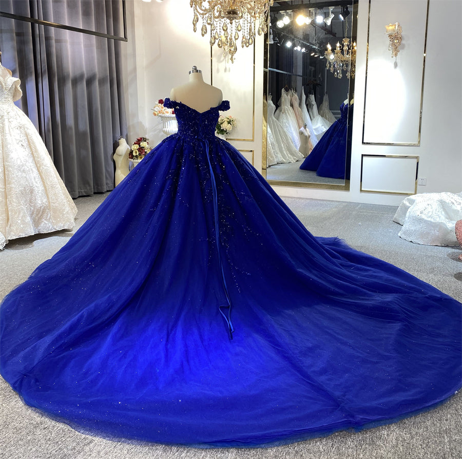 Royal Blue Off Shoulder Lace Wedding Dress NS3950 - Elegant Bridal Gown for Beach Weddings, Vow Renewals & Formal Occasions