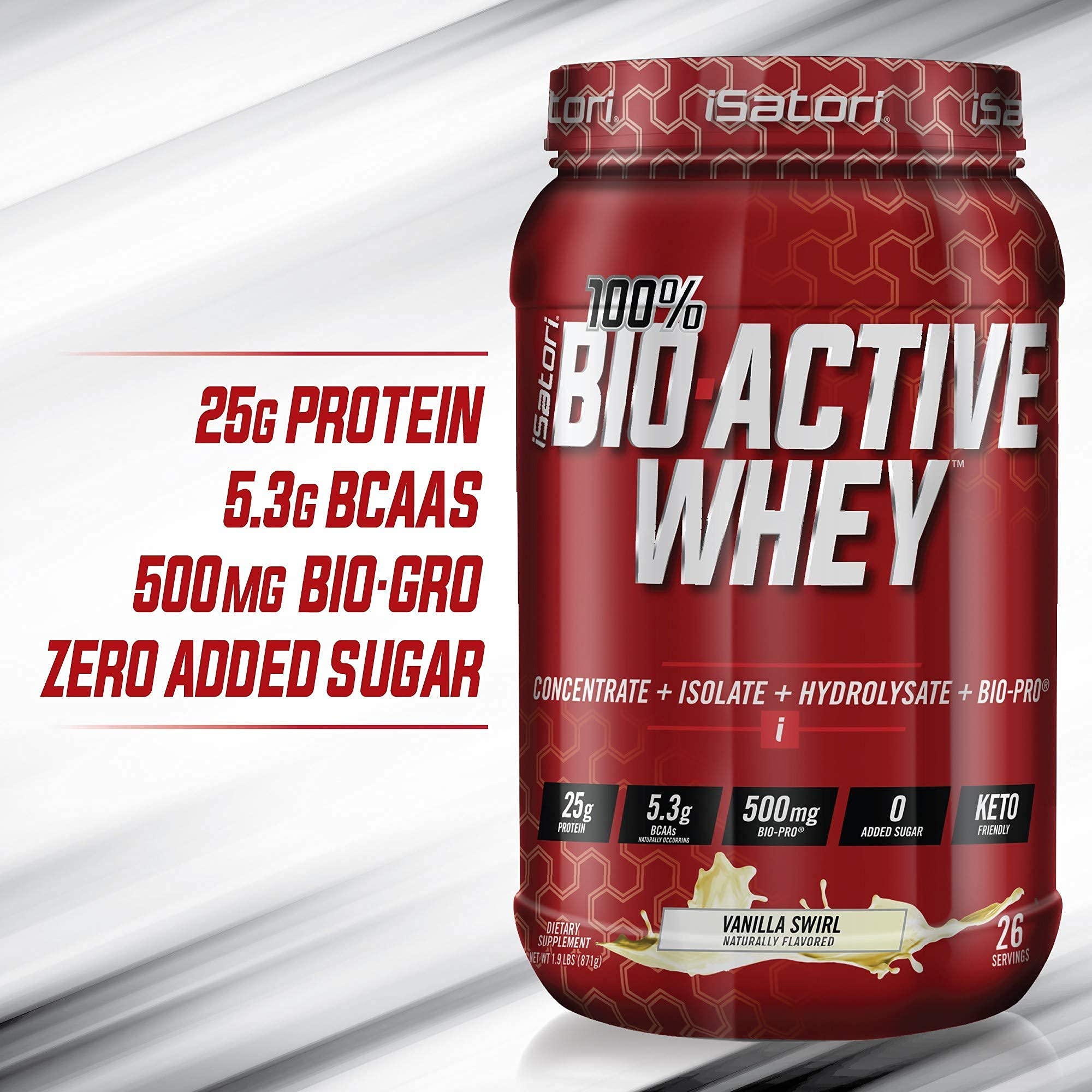 iSatori Bio-Active Whey Protein Powder - Vanilla Flavor (30 Servings) & Classic Shaker Bottle with Red Lid - Post Workout Recovery & Muscle Building Supplement for Gym & Fitness Enthusiasts