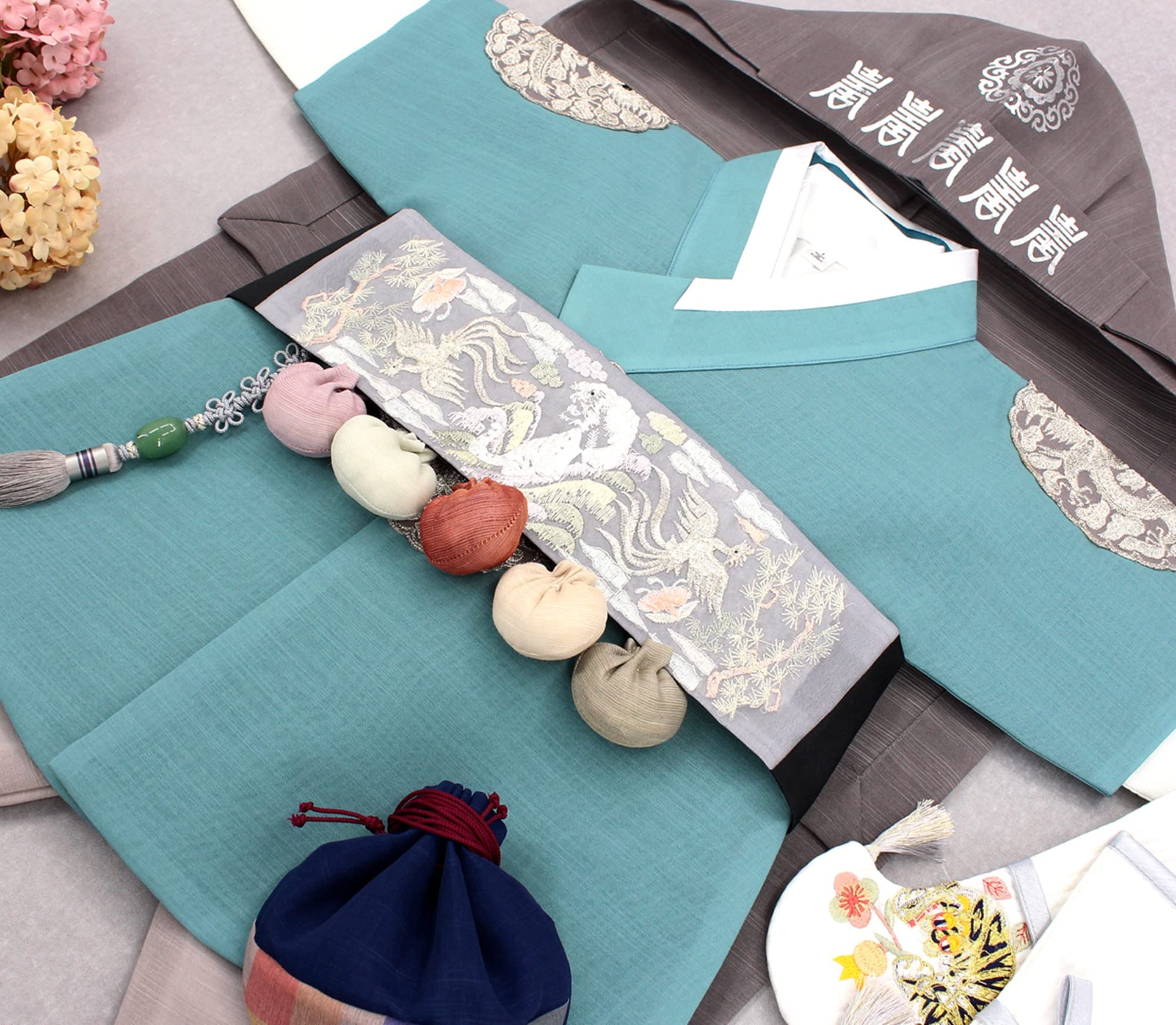 Traditional Korean Hanbok Baby Boy Outfit - Turquoise Kings Design Clothing Set for 100 Days to 8 Years Old | DDB005 | Perfect for First Birthday, Doljanchi, Korean Cultural Events & Photo Shoots