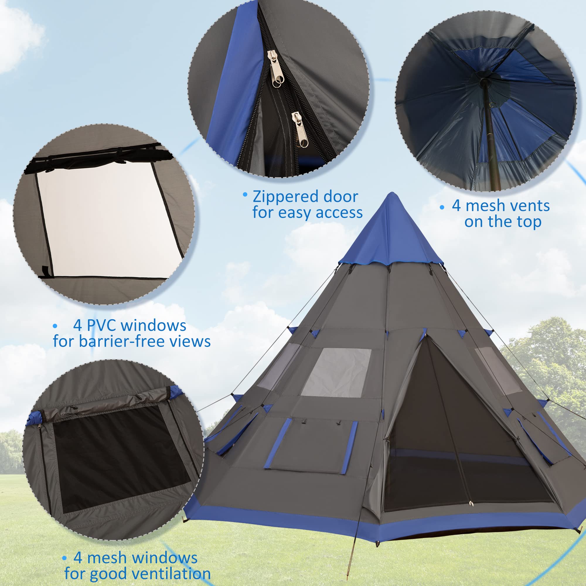 Outsunny 12Ft 4-Season Camping Tent for 6-7 People, Waterproof Teepee Tent with 8 Mesh Windows, Perfect for Family & Friends Outdoor Adventures, Hiking, Backpacking, and Beach Camping
