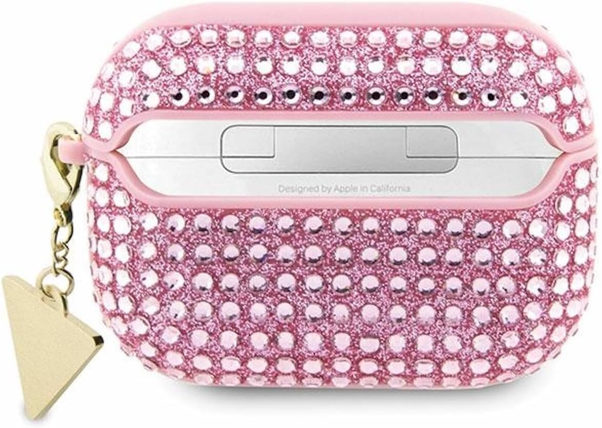 Guess Rhinestone Triangle Charm Case for AirPods Pro 2 - Pink Glitter Protective Cover with Bling Design | Perfect for Women, Girls, Party & Everyday Use (GUAP2HDGTPP)