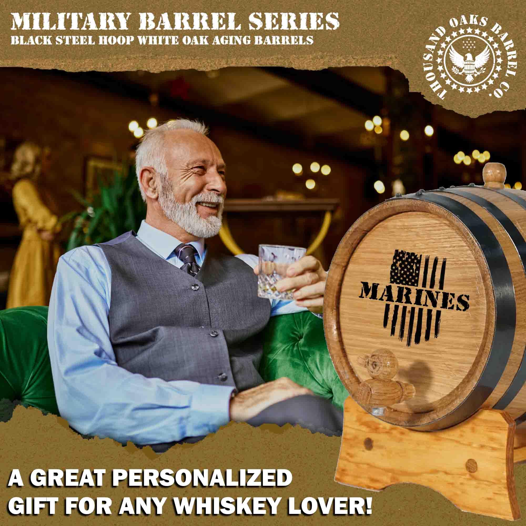 USMC Engraved 5 Gallon Oak Aging Barrel with Wood Stand - Military Veteran Gift, 20L Mini Whiskey Barrel for Home Distilling, Brewing & Winemaking | Perfect for Bourbon, Whiskey, Moonshine & Craft Beer Aging