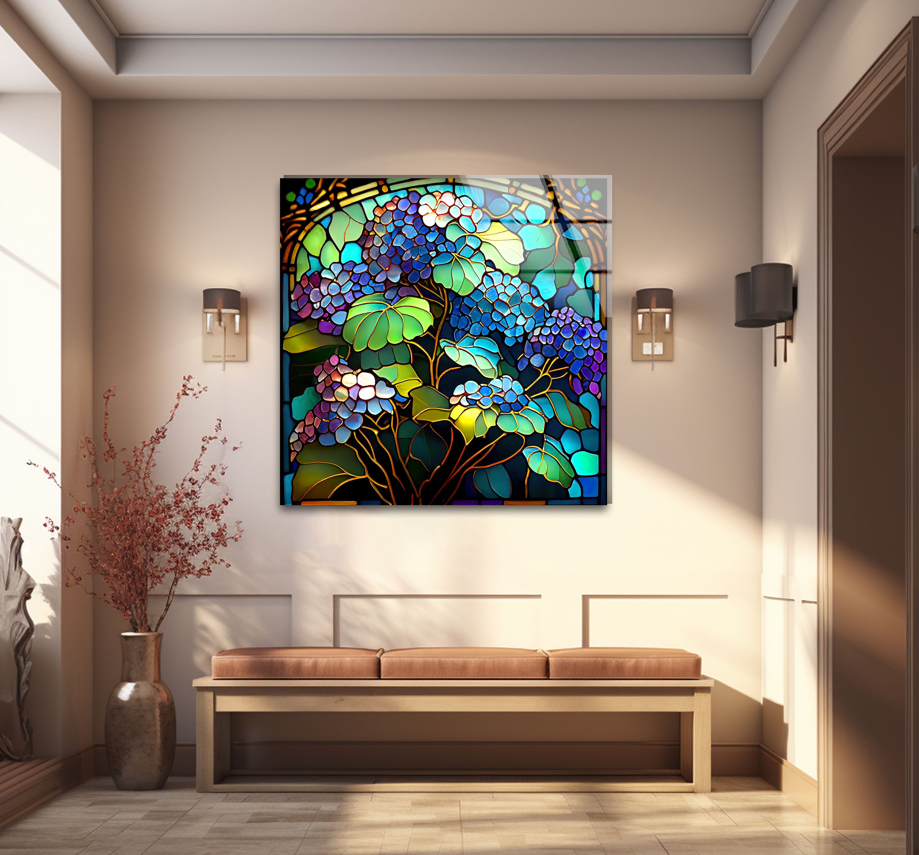 Blue Hydrangea Stained Glass Wall Art - Vertical Floral Glass Print for Home Decor, Church, Wedding & Office | Handmade Glass Painting Gift for Women