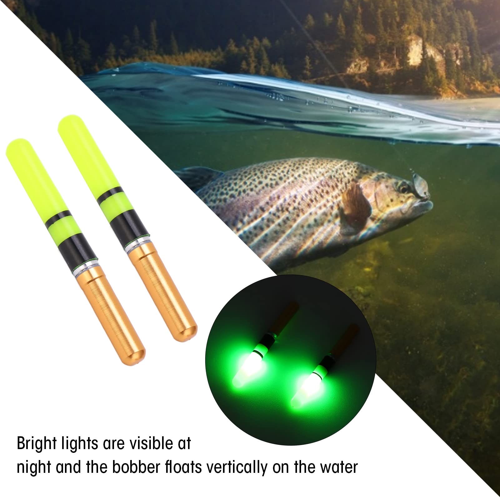 2pcs Luminous Fishing Floats with Battery - Electronic Lighted Night Fishing Bobbers for Bass/Catfish - Waterproof & Durable Fishing Accessories (Gold) - Perfect for Night Fishing, Kayak Fishing & Ice Fishing
