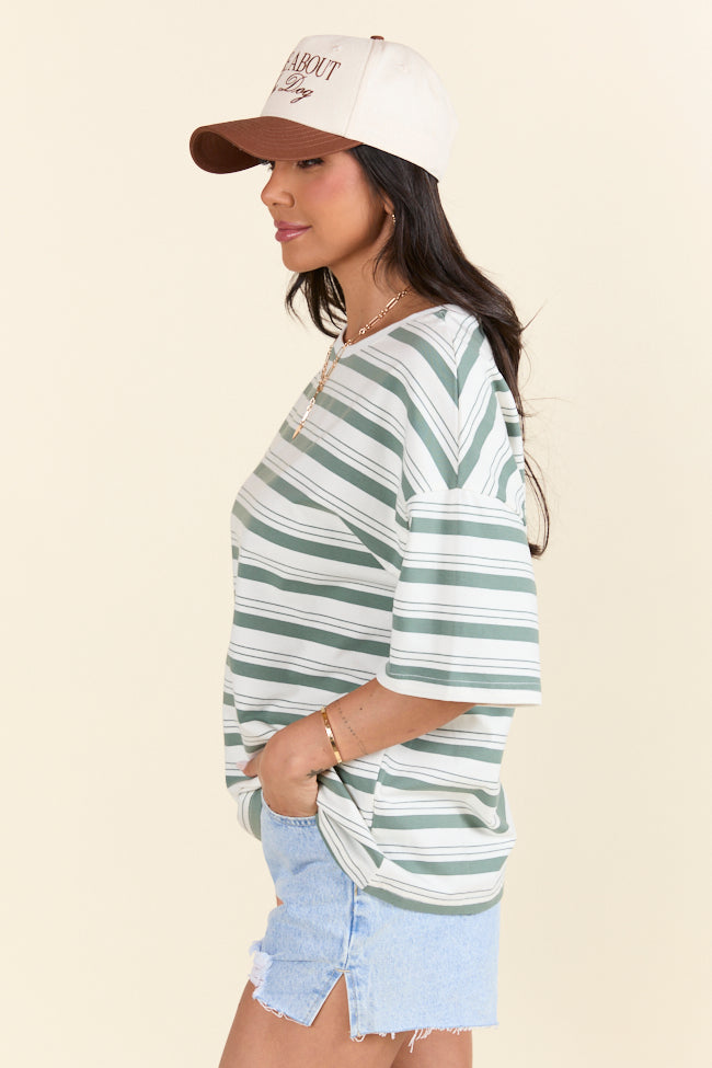 Holley Gabrielle X Pink Lily Mackenzie Olive Oversized Striped T-Shirt - Women's Casual Fashion Top for Everyday Wear & Street Style