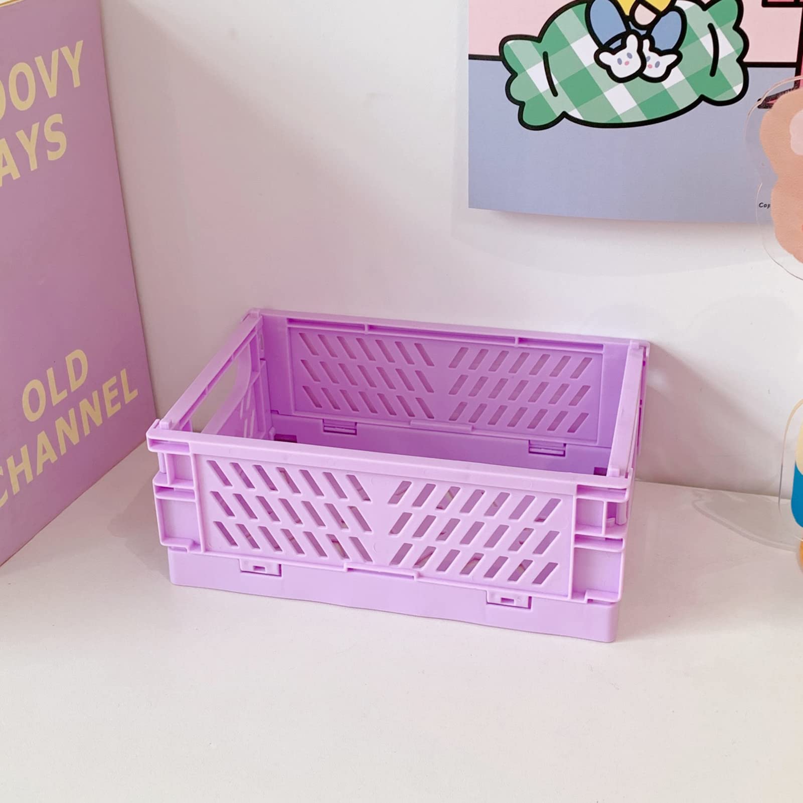 Foldable Plastic Storage Bin with Handle - Stackable for Stationery, Snacks & Cosmetics (Purple)