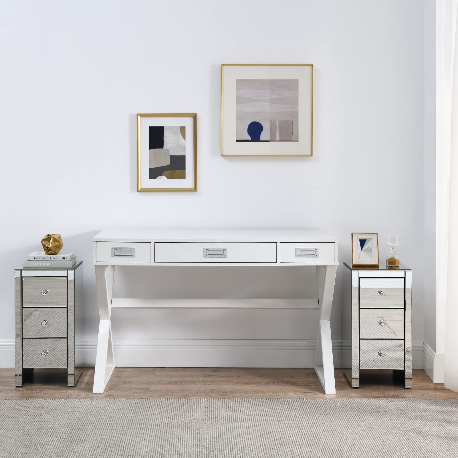 LAGRIMA Mirrored Nightstand - Crystal Accent End Table with 3 Drawers, Silver Fully Assembled Bedside Table for Bedroom & Living Room - Perfect for Modern Home Decor, Guest Rooms and Apartment Styling