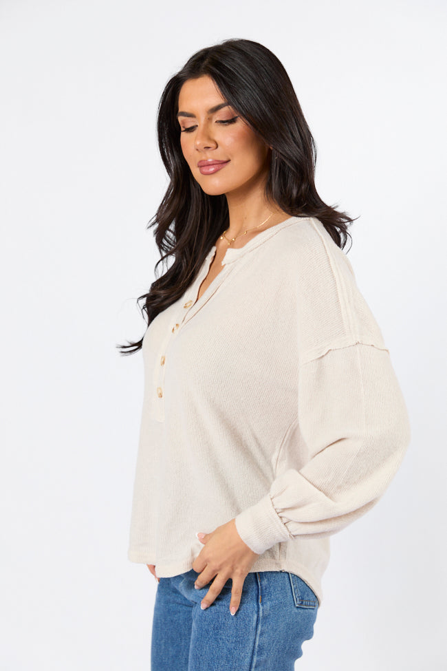 Soft Brushed Rib Oatmeal Henley Knit Long Sleeve Top for Men - Cozy Casual Wear for Fall & Winter Layering