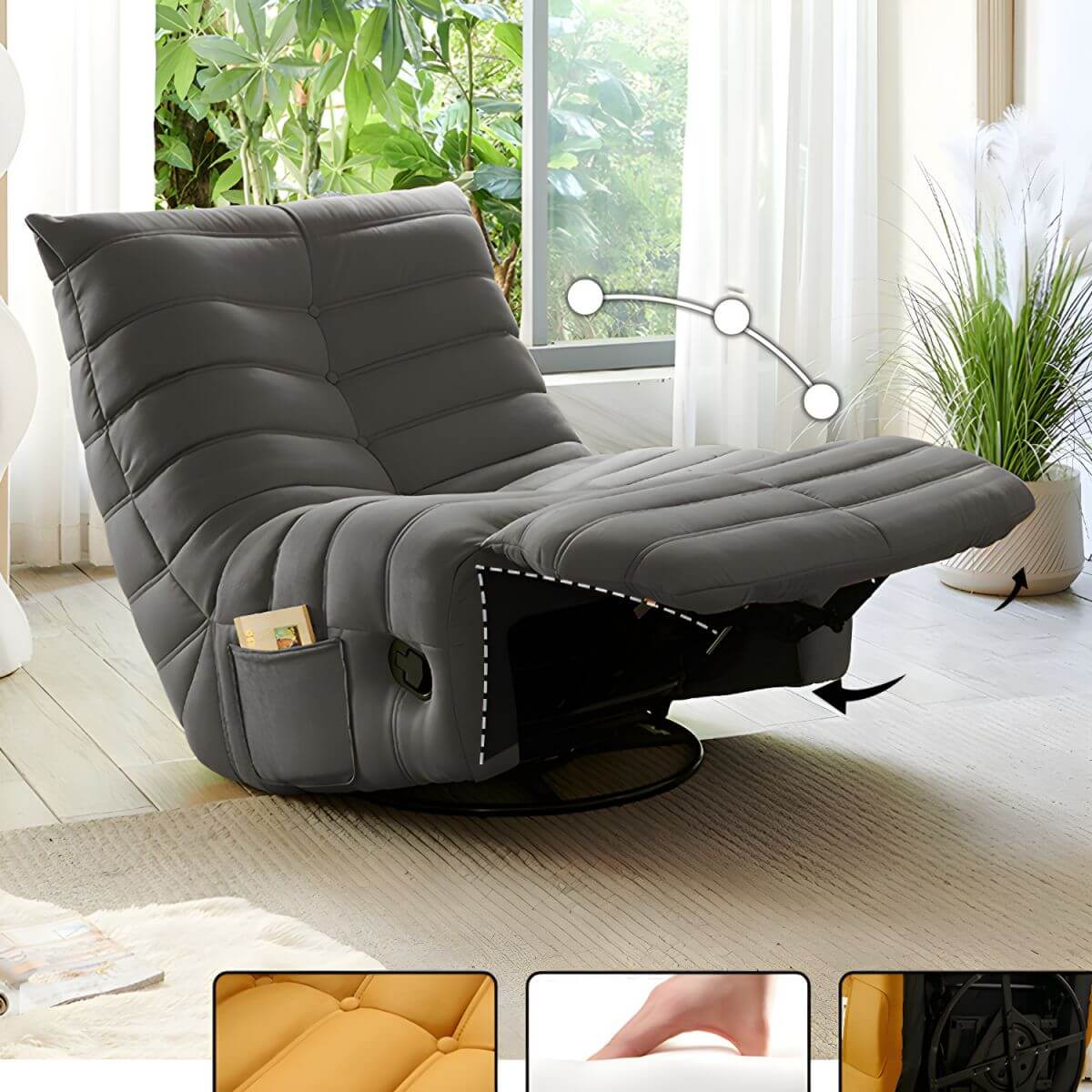 Tufted Modern Rocker Recliner Chair with Suede Upholstery & Built-In Storage | Comfortable Lounge Chair for Living Room, Bedroom & Home Theater