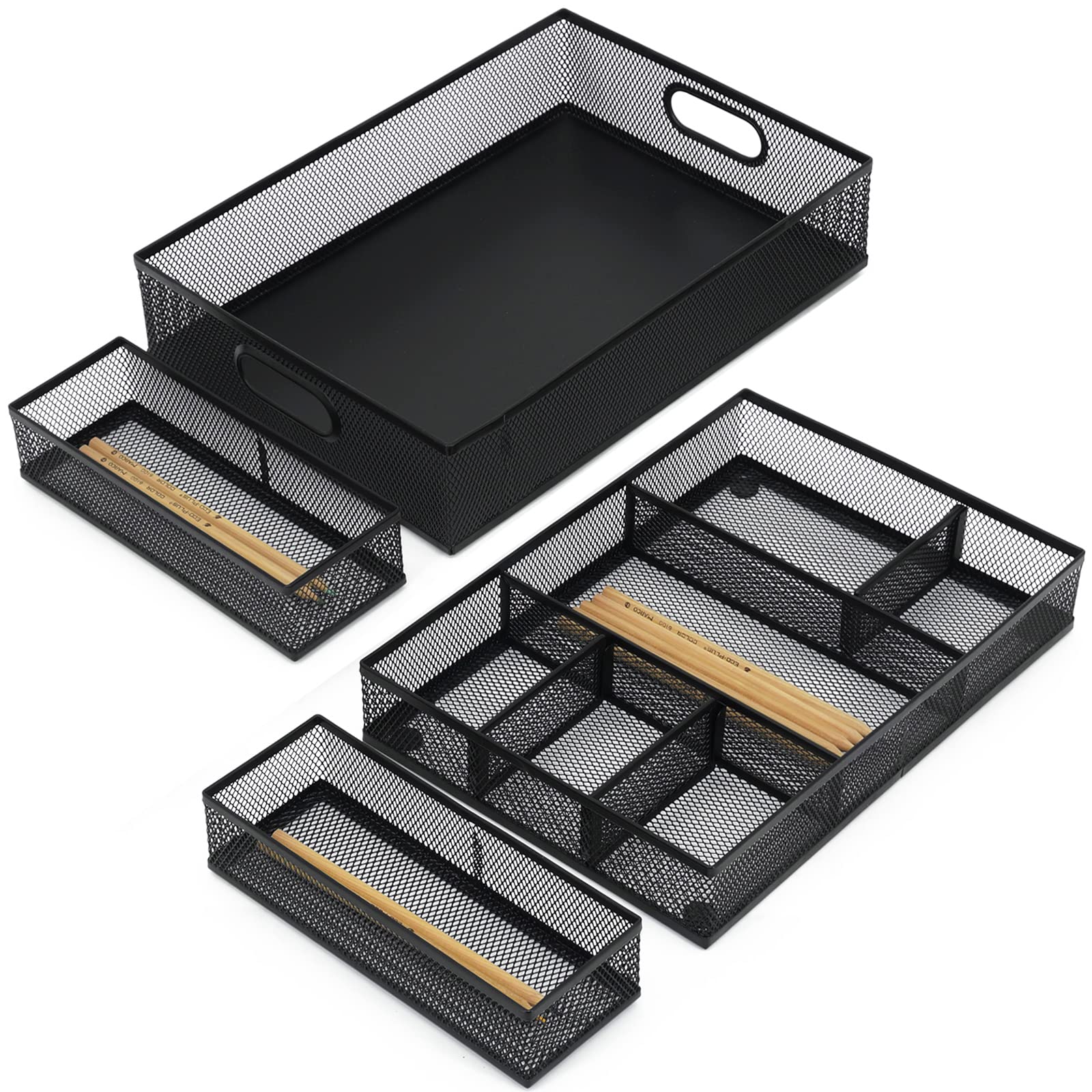 6-Section Adjustable Metal Mesh Desk Drawer Organizer - Black Office Supplies Tray for Pens, Pencils & Stationery (Set of 4) | Perfect for Home Office, School & Workspace Organization