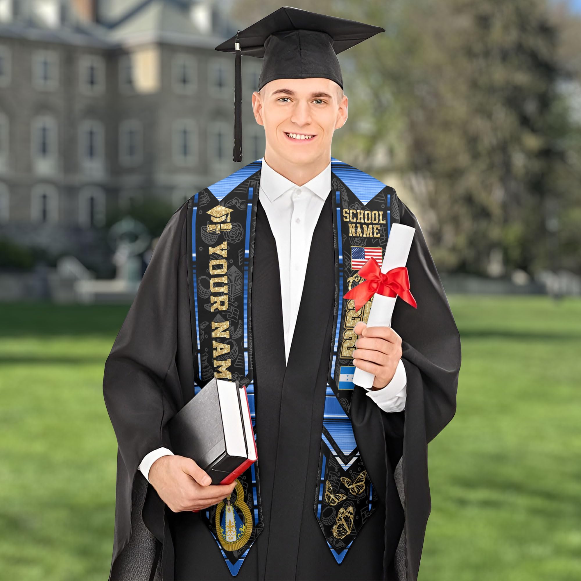 Custom Honduras Graduation Stole with Honduran American Flag Design - Personalized 2025 Graduation Sash for Commencement Ceremonies & Cultural Celebrations
