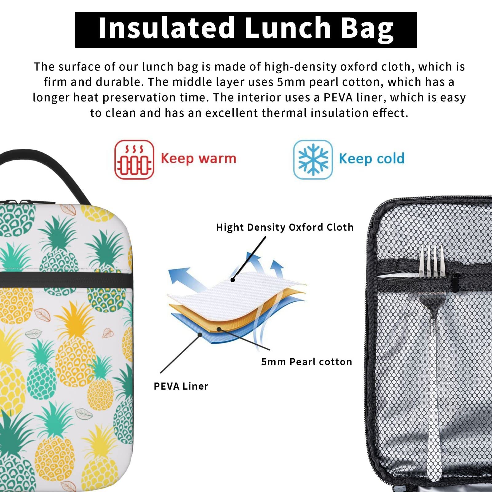 WAZHIJIA Insulated Pineapple Lunch Bag for Women - Reusable Tote Lunch Box Container for Work, School, Picnics & Outdoor Activities
