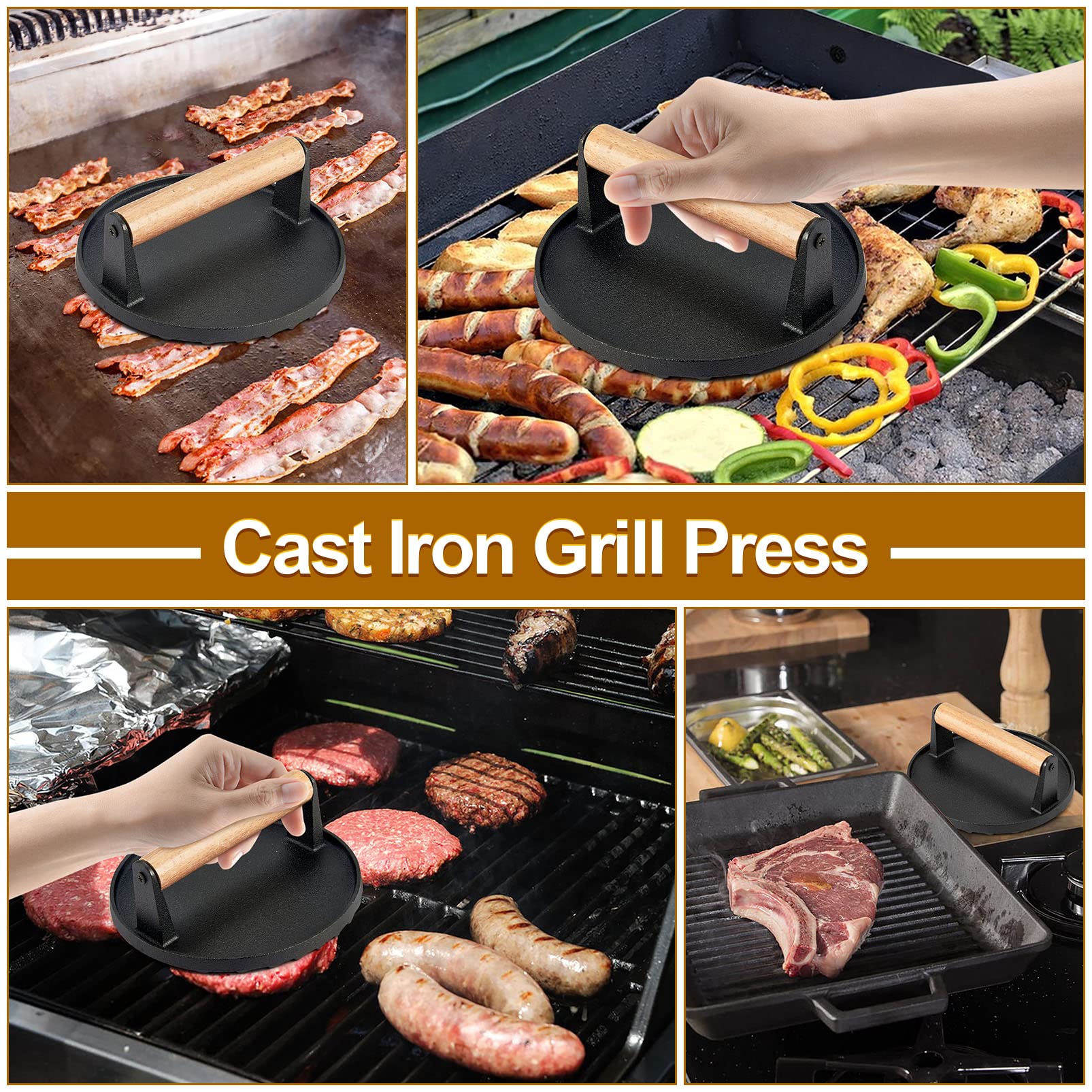 Joyfair 9-Inch Cheese Melting Dome & Burger Press Kit - Cast Iron Grill Press for BBQ, Flat Top Griddle, Teppanyaki - Heavy Duty & Dishwasher Safe - Perfect for Outdoor Cooking, Backyard Grilling & Restaurant Use