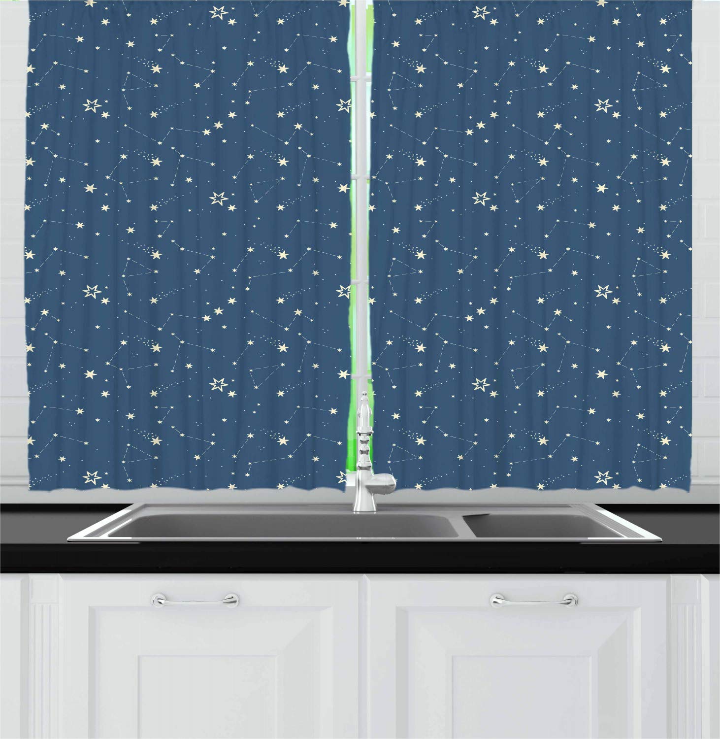 Lunarable Constellation Kitchen Curtains - Space Themed Window Drapes with Heavenly Bodies & Shooting Stars | 2-Panel Set for Kitchen & Cafe Decor | 55x39 Inches in Violet Blue Beige | Perfect for Astronomy Lovers & Cosmic-Themed Home Decor