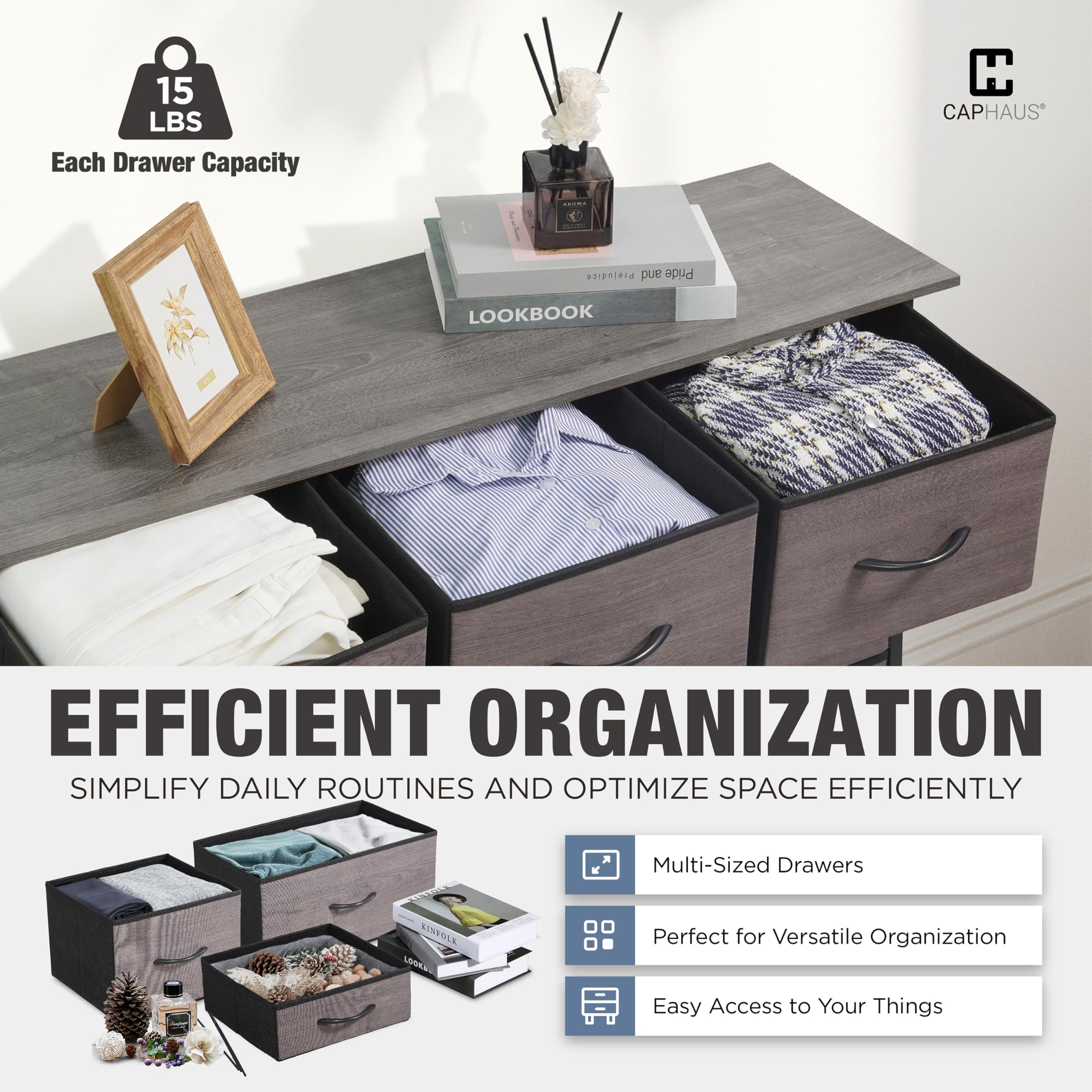 CAPHAUS 14-Bin Fabric Drawer Storage Tower with P2 Board Top - Laundry Organizer, Clothes Sorter, Multi-Purpose Chest of Drawers for Bedroom, Hallway, Office - Grey Oak Storage Solution for Home Organization