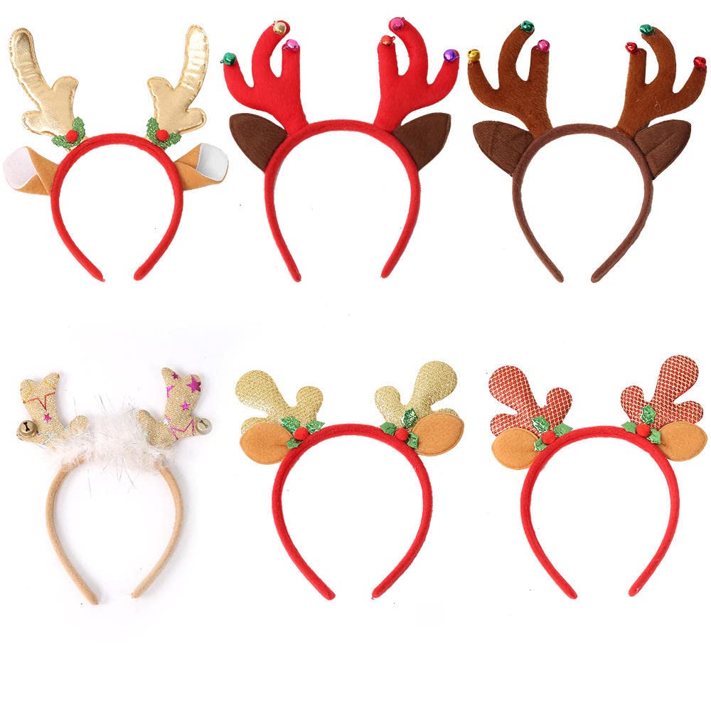 6 Pack Christmas Headbands with Antlers and Bells - Festive Cat Ear Hairbands for Women, Holiday Party Accessories (Great for Xmas Photos, Office Parties & Family Gatherings)