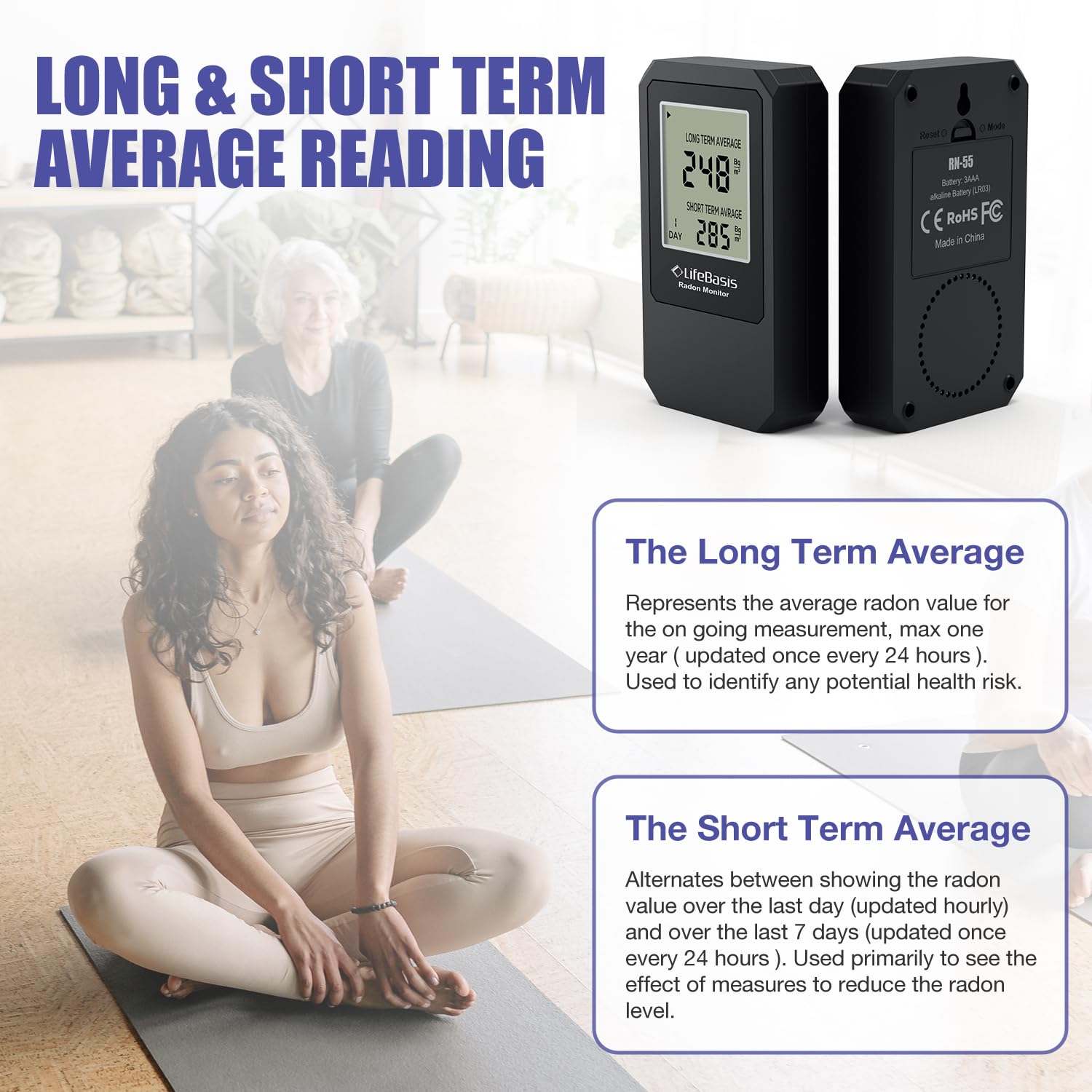 Life Basis Radon Detector for Home - Portable Radon Tester with Large Screen, Long & Short Term Monitoring, Battery Operated (Canadian Version in Bq/m) - Black | Ideal for Basement, Bedroom & Office Air Quality Testing