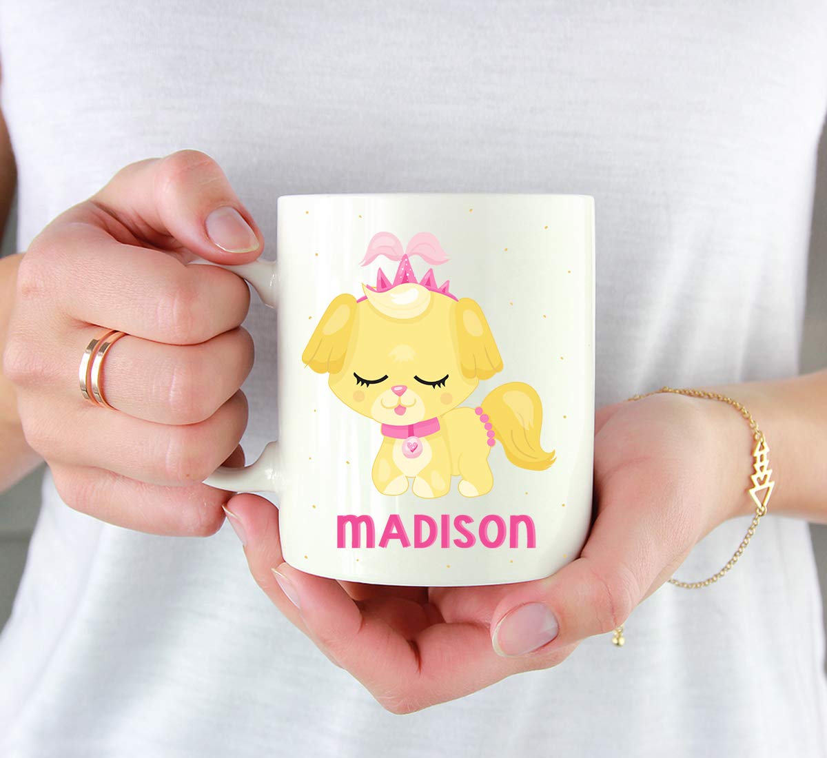Personalized 11oz Kids Hot Chocolate Mug - Blonde Princess Dog Design - Custom Name Birthday Christmas Gift for Girls - Perfect for Milk, Coffee & Tea - Ideal for Home, School & Party Use