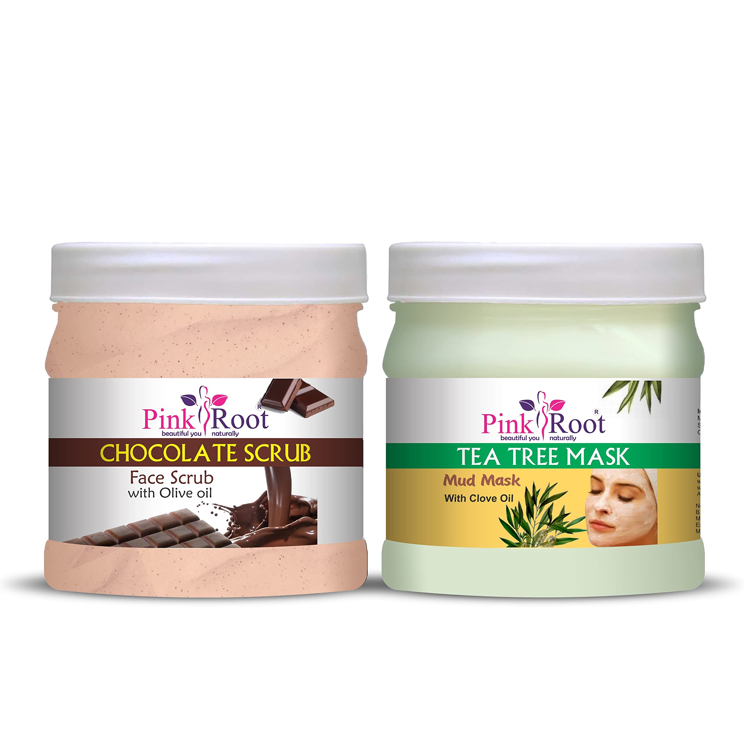 Pink Root Chocolate Body Scrub 500g & Tea Tree Mud Face Mask 500g - Exfoliating & Deep Cleansing Skincare Set for Spa & Home Use