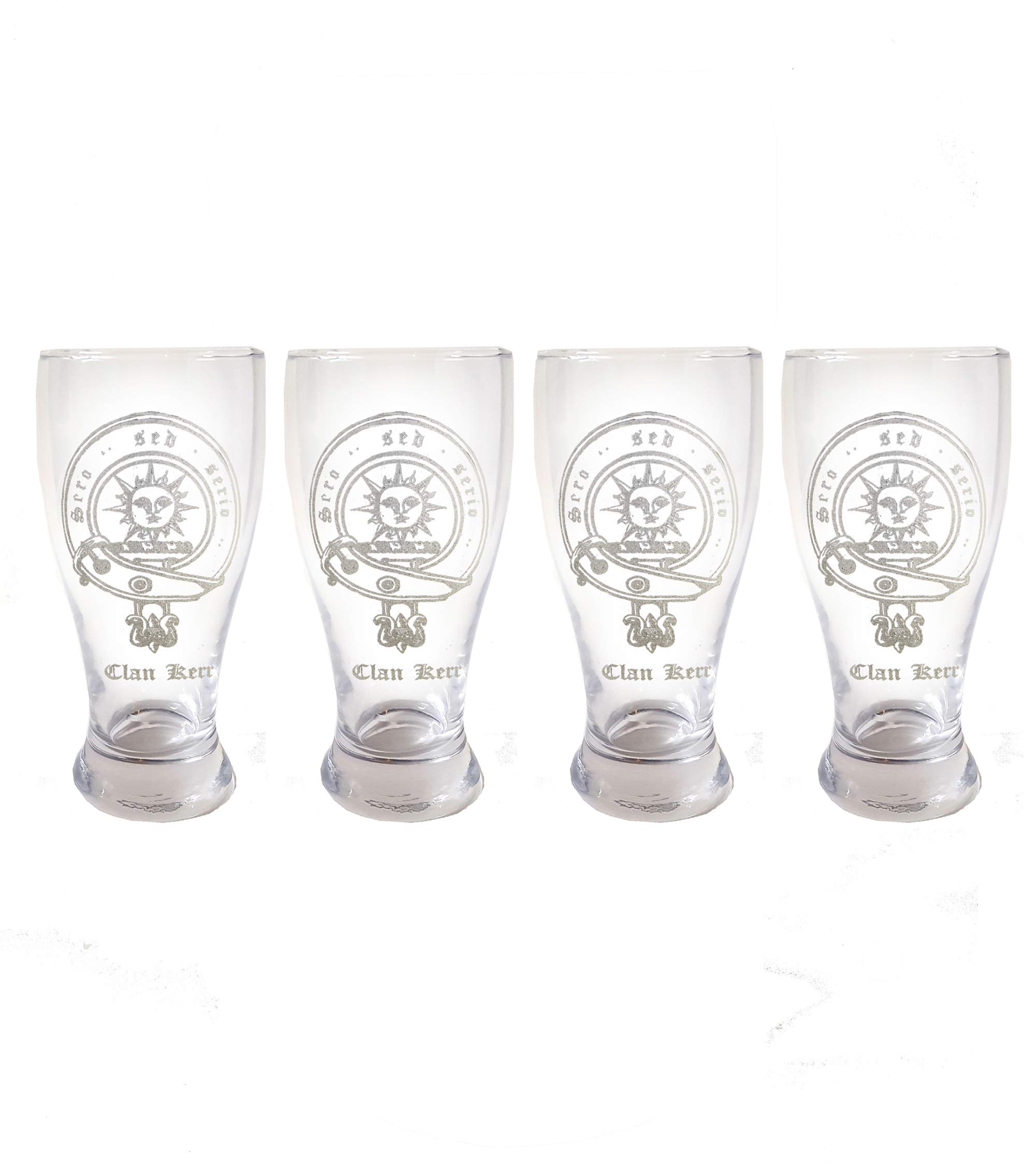 Clan Kerr Scottish Crest Pint Glass Set of 4 - Personalized Engraved Family Crest Pub Glasses, Custom Beer Mugs for St. Patrick's Day, Scottish Heritage Celebrations & Home Bar Decor