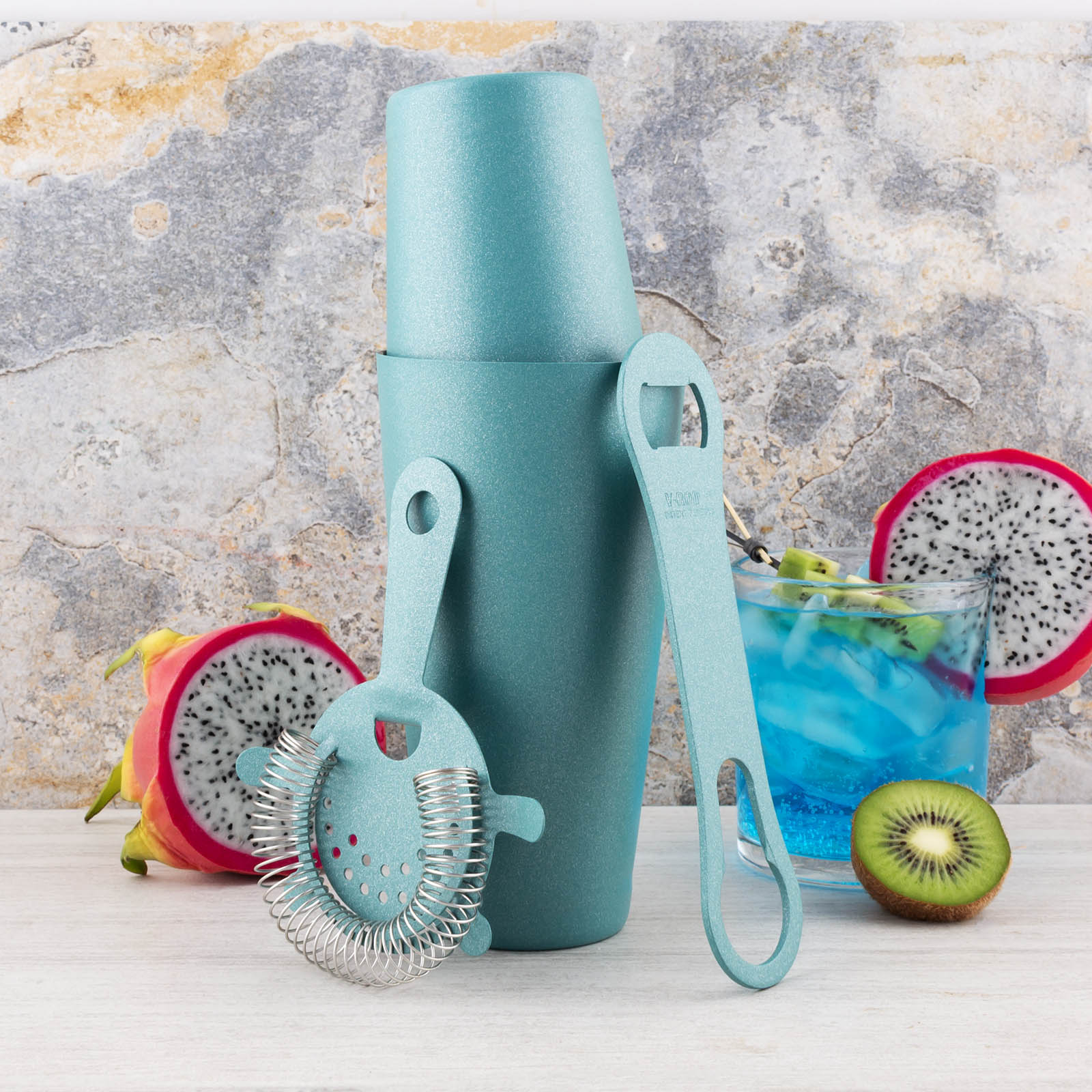4-Piece Bar Set with V Rod® Dragon Scale Teal - Premium Home Bar Accessories for Cocktails, Entertaining & Modern Kitchen Decor