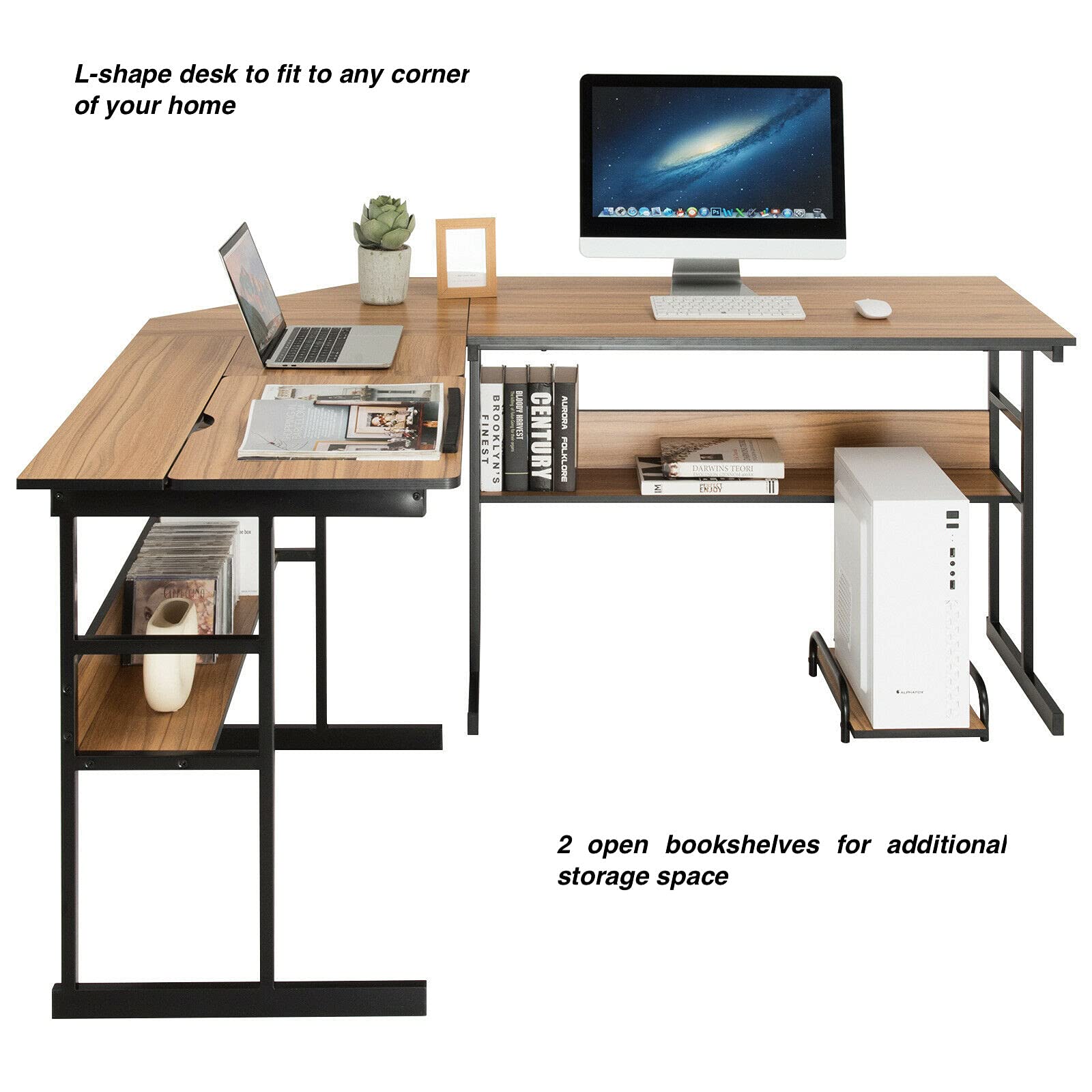 Ergonomic Walnut L-Shaped Corner Desk with Adjustable Tilt Top - Home Office Computer Workstation, Study Table with 2 Open Bookshelves for Laptop, Writing & Drawing - Perfect for Small Spaces, Gaming Setup & Artist Studio