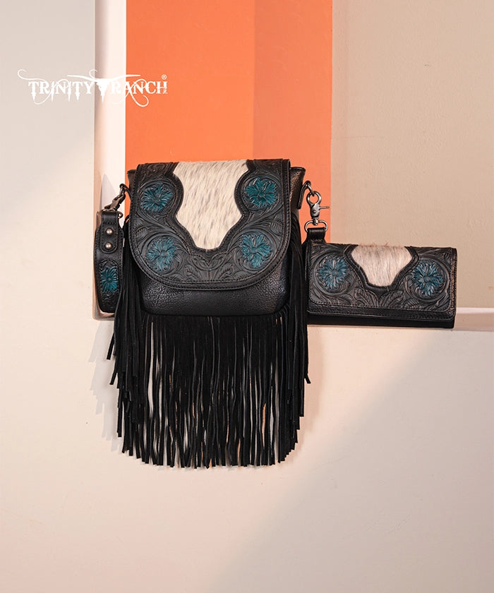 Genuine Hair-On Cowhide Crossbody Bag with Tooled Fringe - Trinity Ranch Western Style Purse for Women | Perfect for Rodeo, Country Concerts & Boho Fashion