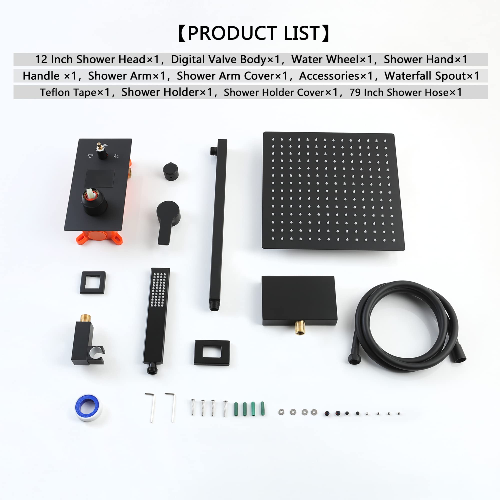 SKWOLL Matte Black Shower Faucet Set - 12 Inch Wall Mounted Rain Shower Head with Digital LCD Display & 3 Function Valve Kit | Modern Bathroom Upgrade for Spa-Like Experience