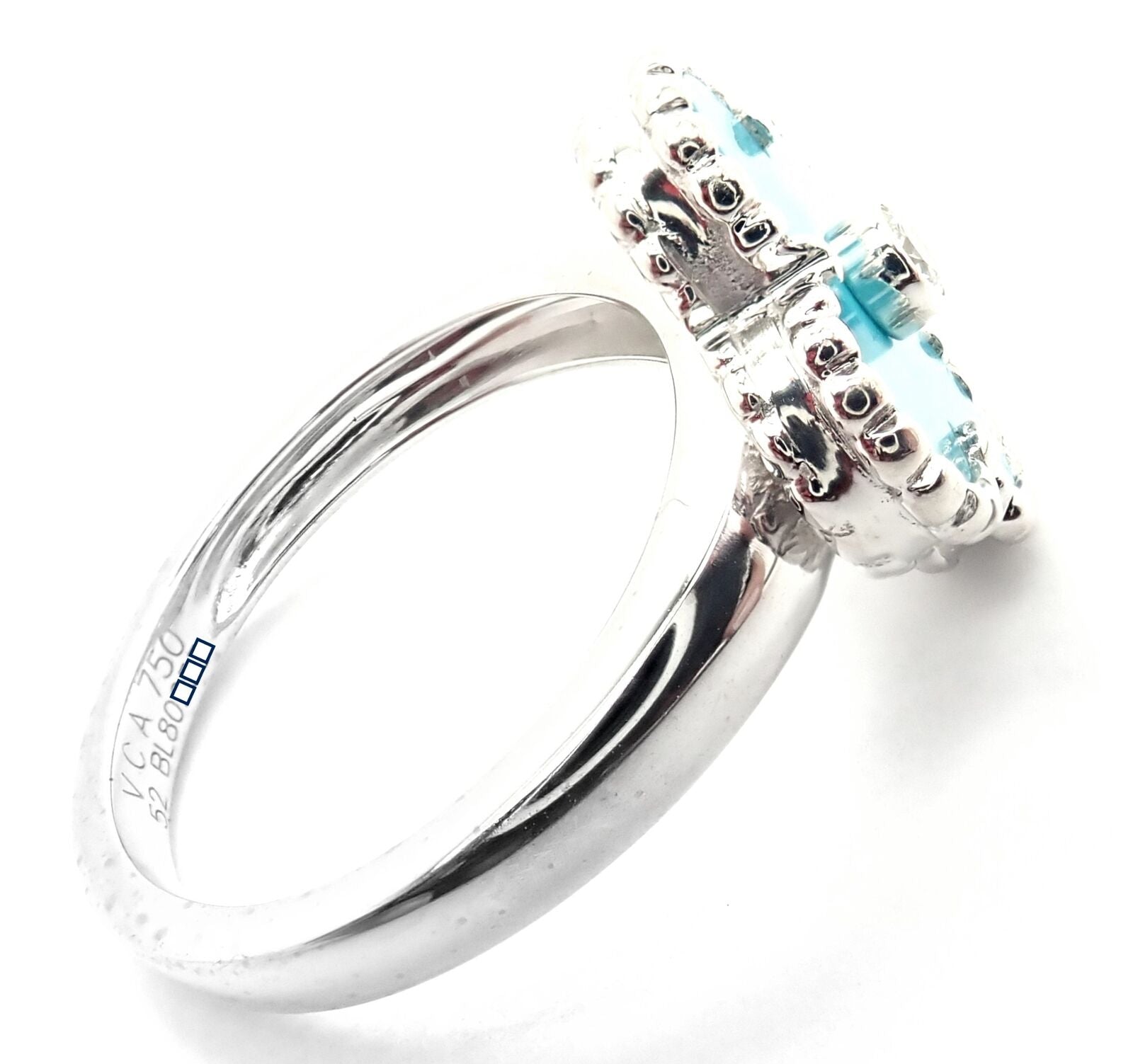 Authentic Van Cleef & Arpels Alhambra 18k White Gold Diamond Turquoise Ring - Luxury Jewelry for Weddings, Anniversaries & Special Occasions