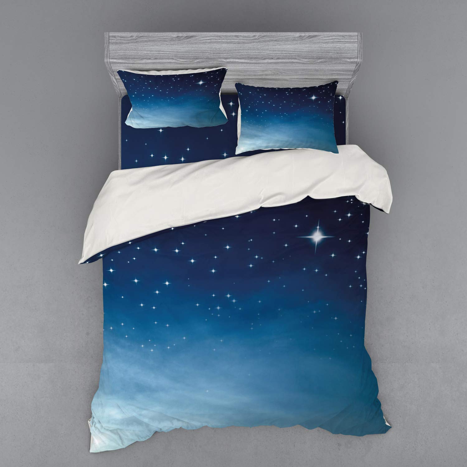 Ambesonne Night Sky Bedding Set - Ombre Inspired Vibrant Stars & Universe Astronomy Design, 4-Piece Duvet Cover Set with Shams & Fitted Sheet, California King Size, Pale Blue to Dark Blue Gradient - Perfect for Space Themed Bedrooms & Celestial Decor