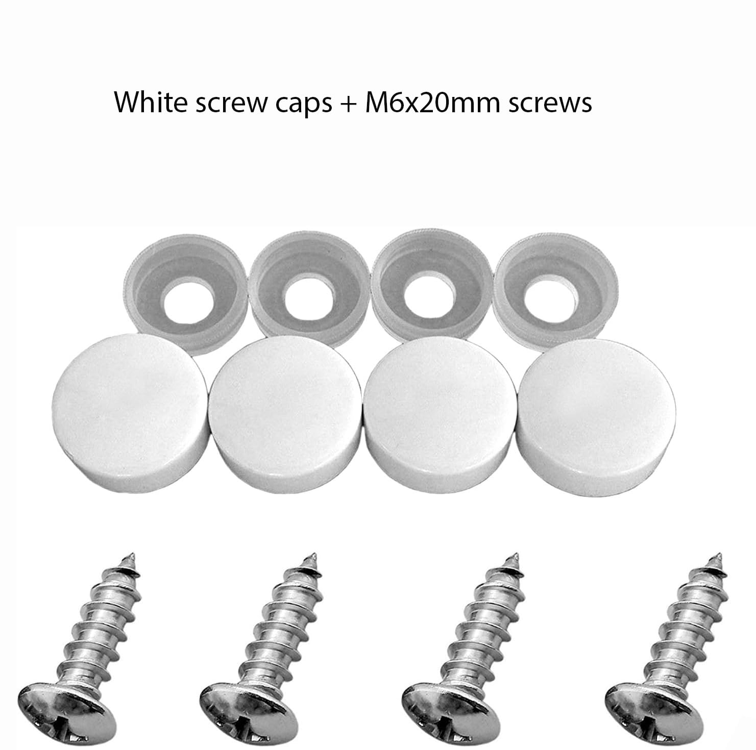 4-Pack Stainless Steel License Plate Fasteners - M6x20 Self-Tapping Screws with White Covers for Cars, Trucks, SUVs & Vans | Rustproof Mounting Bolts for License Plates, Frames & Covers | Perfect for Secure Installation & Vehicle Customization