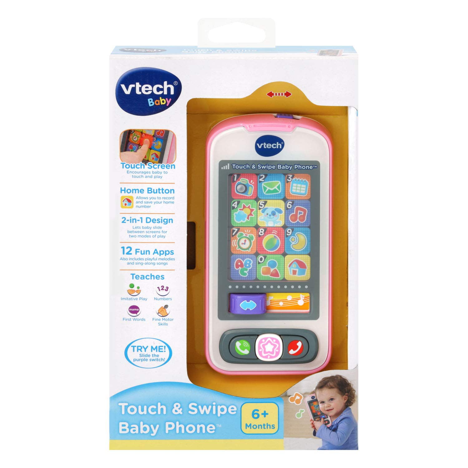 VTech Touch and Swipe Baby Phone - Interactive Learning Toy for Toddlers 1-3 Years, Pink | Pretend Play, Early Education & Sensory Development Gift for Boys & Girls