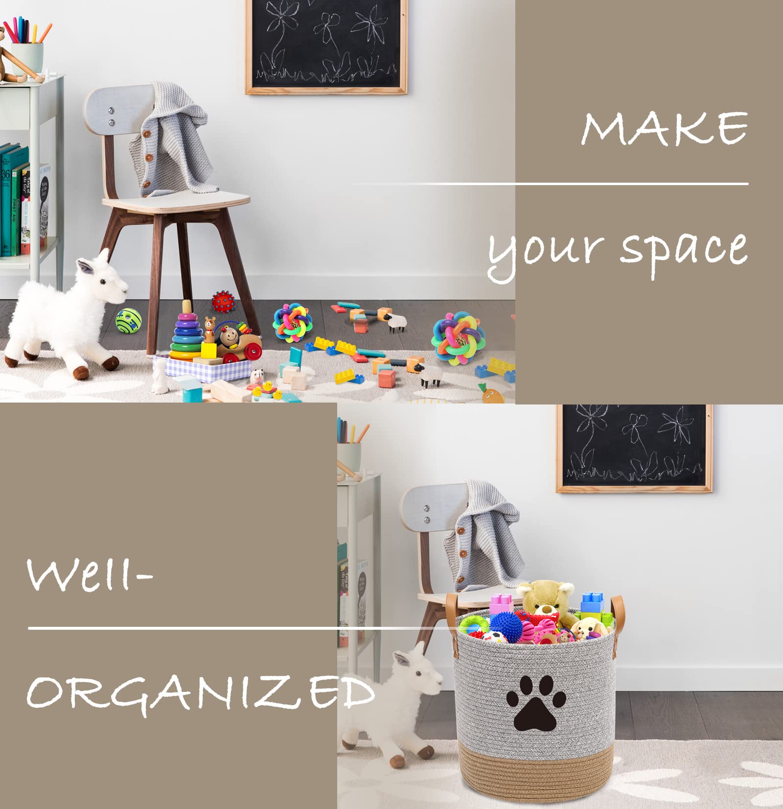 Organic Cotton Rope Dog Toy Basket - Pet Toy Organizer for Puppies, Blankets & Leashes - Gray Beige Storage Bin - Ideal for Pet Playrooms, Living Room Organization & Laundry Storage