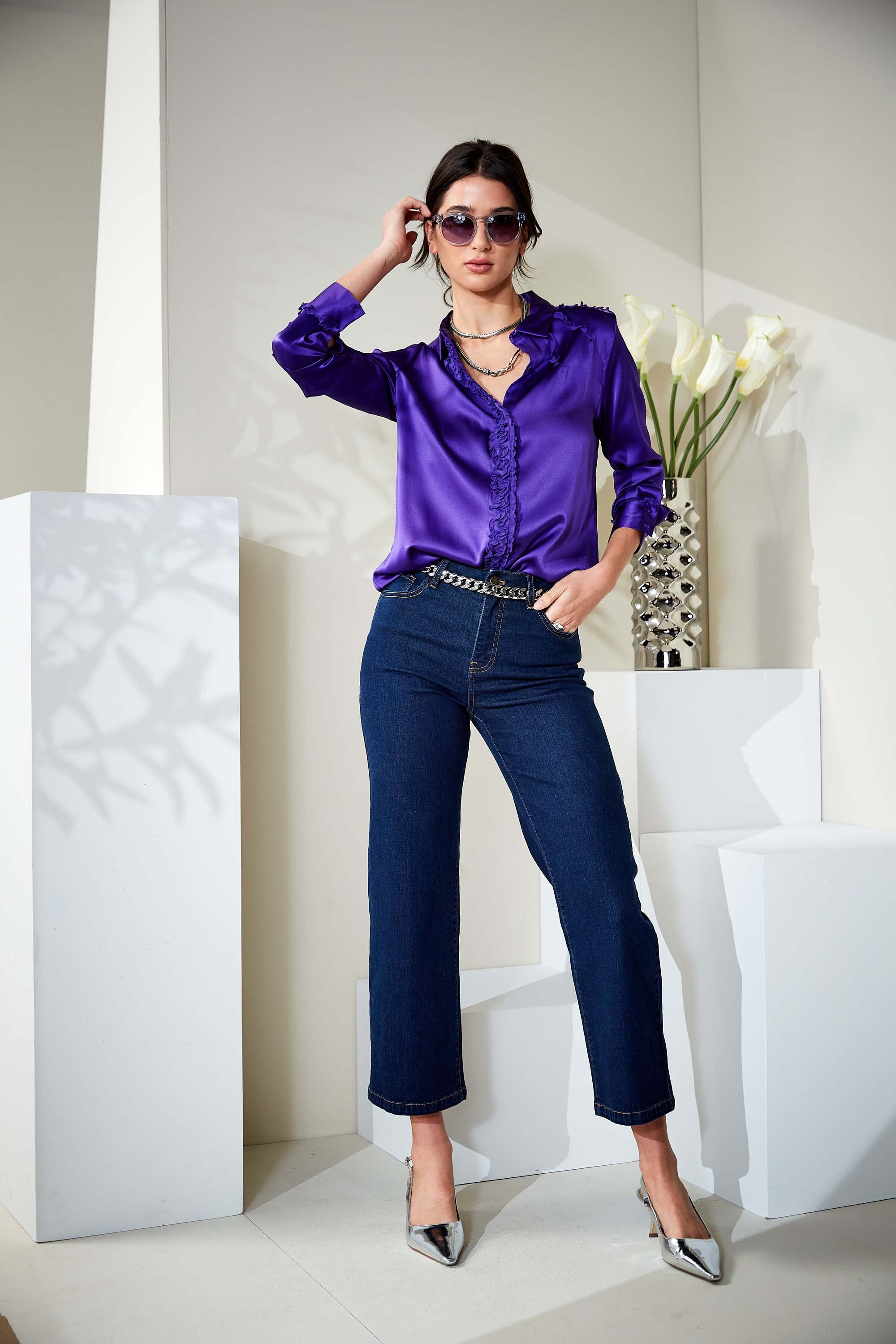 Elegant Chiffon Ruffle Silk Satin Blouse for Women - Office Wear & Evening Party Outfit