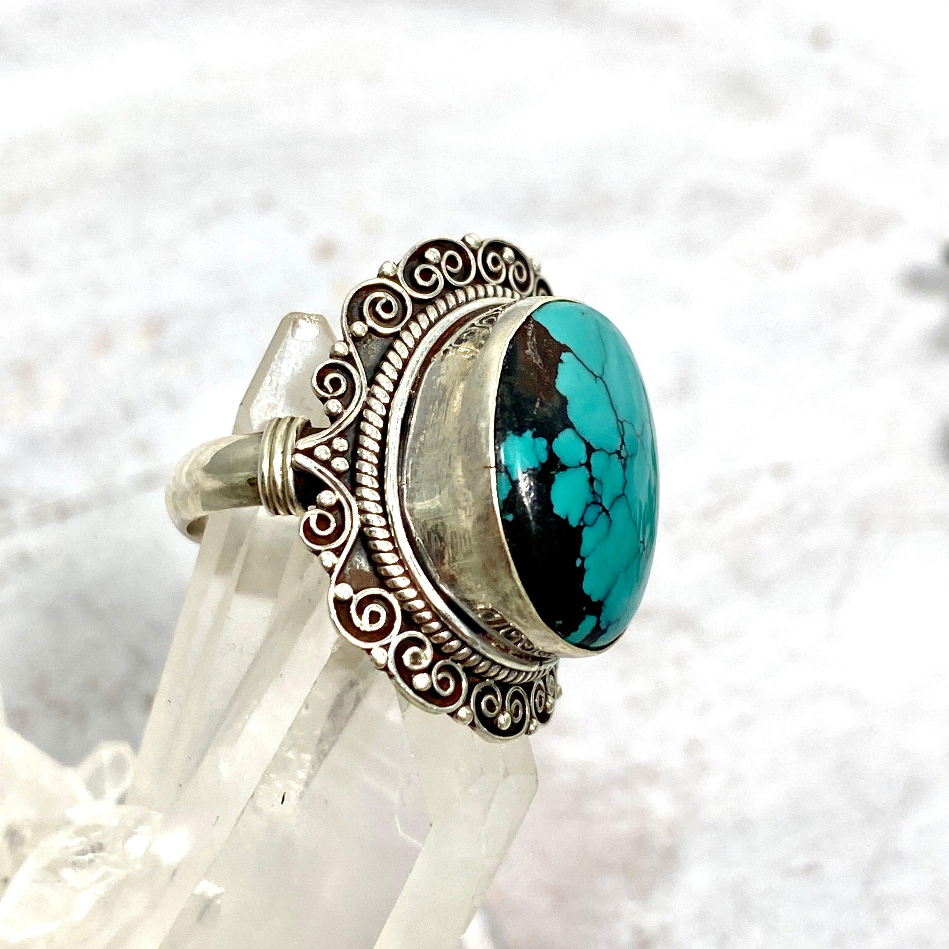 Boho Style Turquoise Oval Ring Size 7 - Handmade Sterling Silver Jewelry for Women, Perfect for Festivals, Weddings & Everyday Wear KRGJ2778