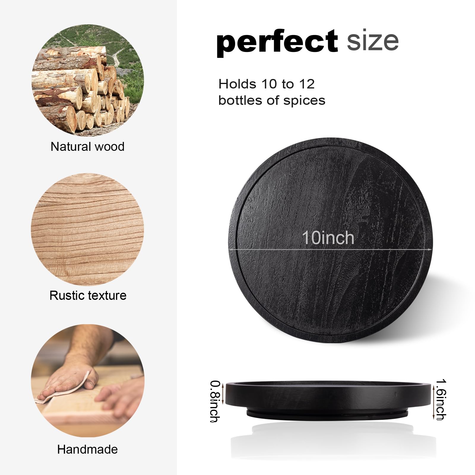 10 Inch Black Wood Lazy Susan Turntable - Kitchen Cabinet Organizer, Farmhouse Bathroom Decor, Round Decorative Tray for Vanity, Counter, Sink & Coffee Table - Perfect for Spice Storage, Makeup Organization & Home Decor Display
