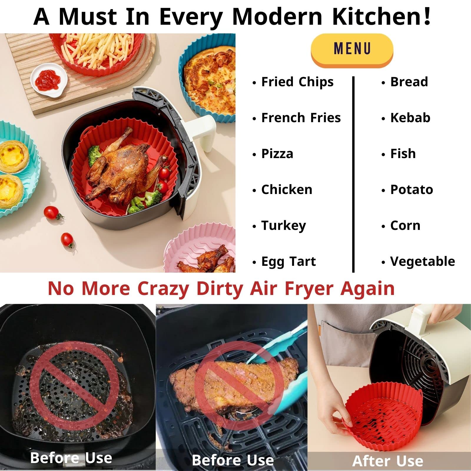 Non-Toxic Silicone Air Fryer Basket Liner - Reusable, Food Safe Oven Accessory for Easy Cleaning - Replacement for Parchment Paper - Perfect for Chicken Wings, Fries & Healthy Cooking