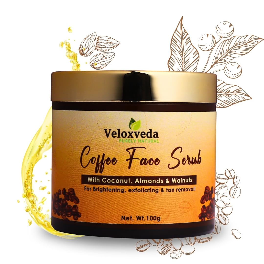 VeloxVeda Coffee Face Scrub for Women & Men - Natural Exfoliating Scrub with Coconut Oil & Shea Butter | Blackhead Remover & Skin Brightener | Organic, Paraben-Free, Cruelty-Free (100g) | Perfect for Morning Skincare Routine & Pre-Makeup Prep
