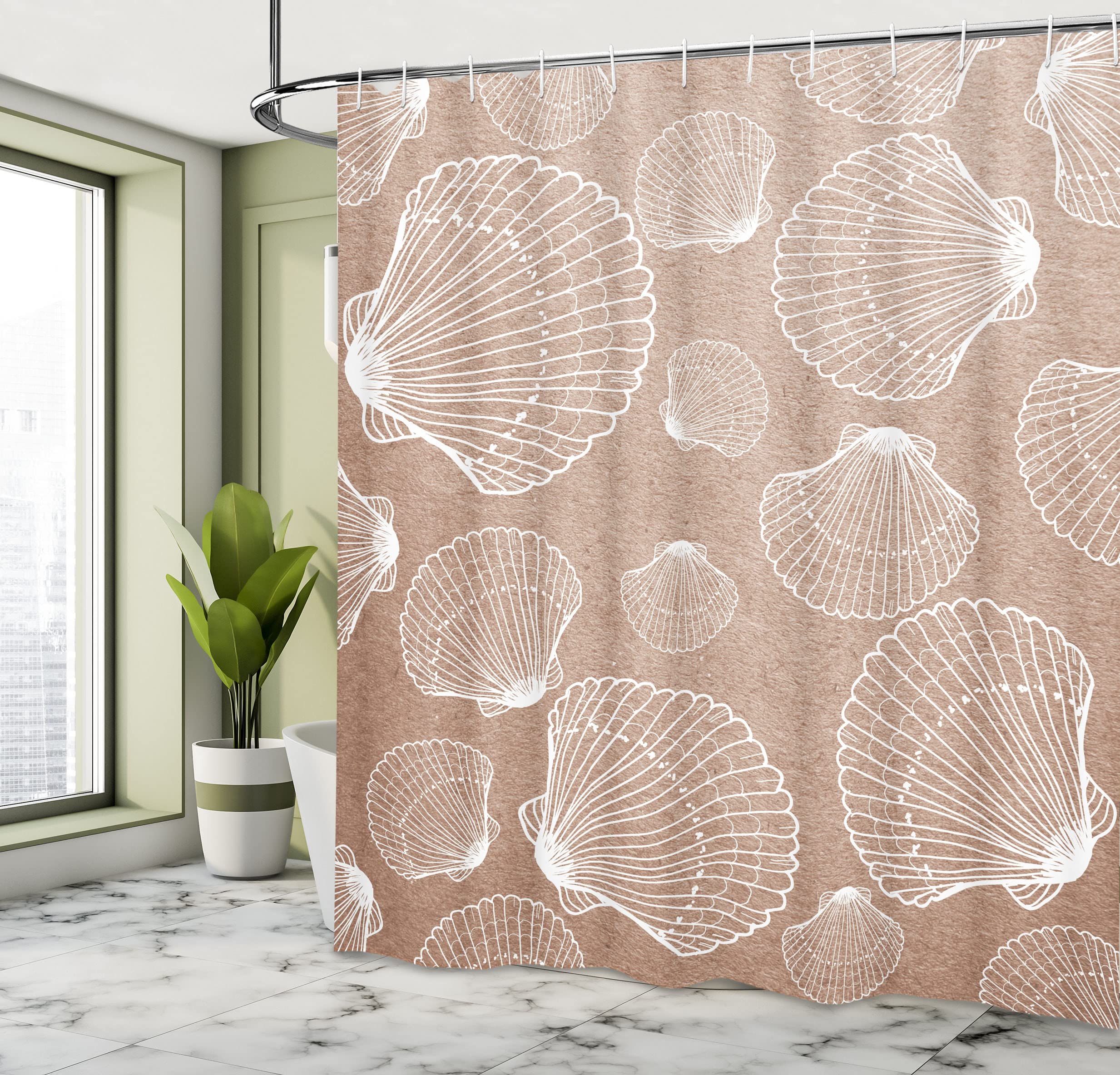Ambesonne Nautical Seashell Shower Curtain - Coastal Bathroom Decor with Outline Seashell Design, 69