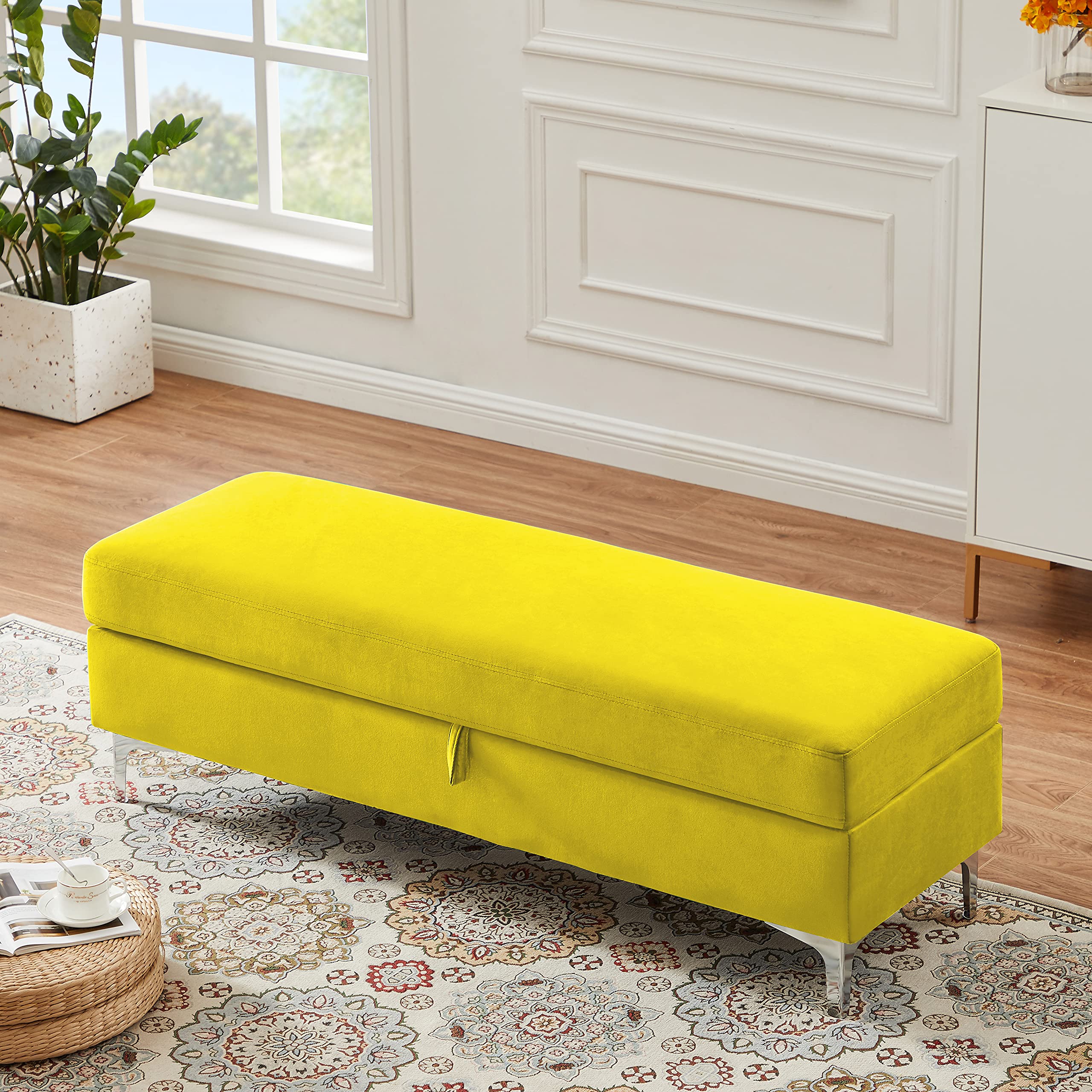 Velvet Storage Ottoman Bench - Tufted Fabric Upholstered Shoe & Blanket Storage Stool with Rectangular Design | Multi-Functional Footrest, Seating & Bed End Bench for Bedroom, Living Room & Entryway (Yellow) | Perfect for Small Space Organization & Extra Seating