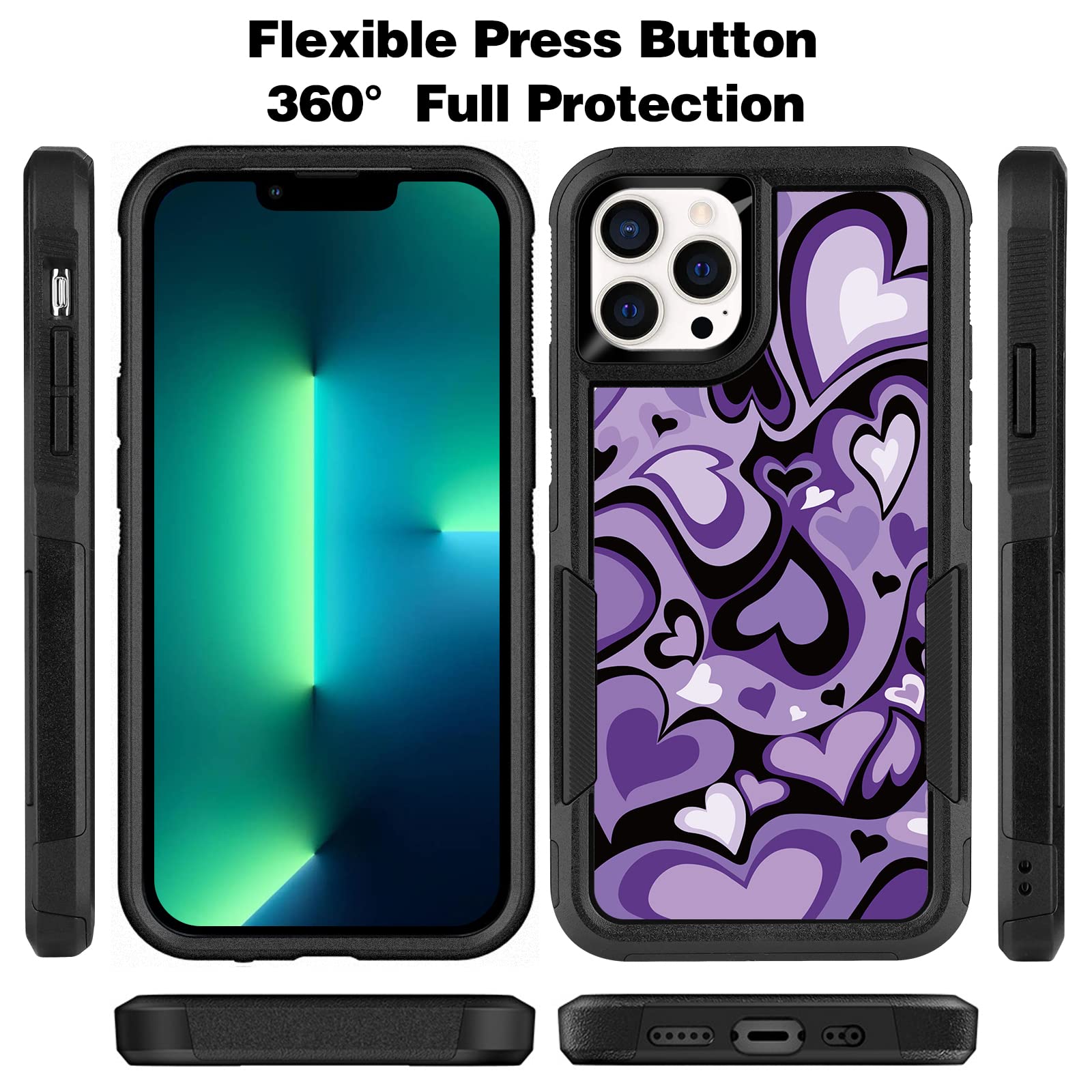Rugged Shockproof Protective Case for iPhone 13 Pro Max 6.7 Inch - Heavy Duty Slim Lightweight Cover with Purple Heart Pattern, Perfect for Women & Girls - Ideal for Outdoor Activities, Work & Daily Use