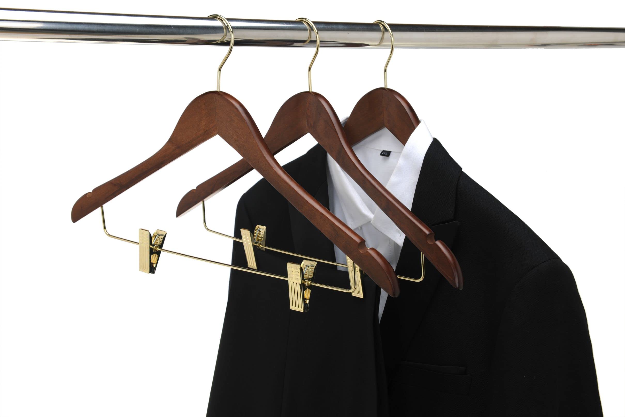 Premium 80-Pack Wooden Skirt & Pants Hangers with Adjustable Gold Metal Clips - Swivel Hook for Coats, Jackets, Blouses & Suits - Durable Walnut Finish - Space-Saving Closet Organization Solution for Retail Stores & Boutiques