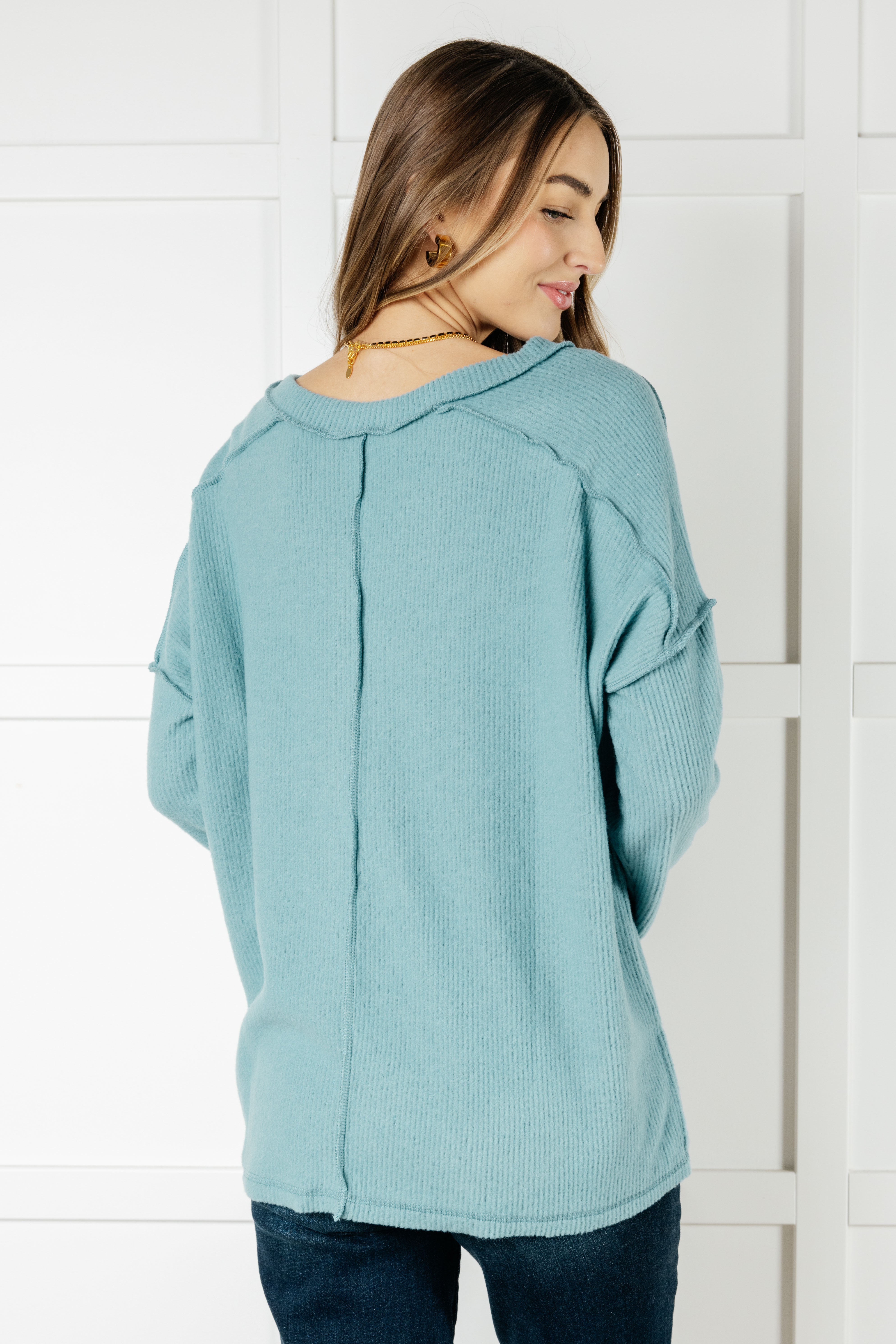 Soft Brushed Hacci Sweater Top in Dusty Teal | Cozy Winter Pullover for Women | Perfect for Casual Outfits & Layering in Cold Weather