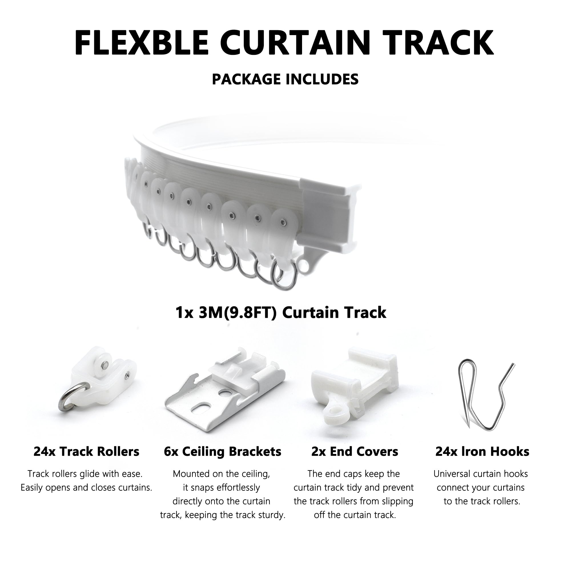 3M (9.8FT) Flexible Bendable Ceiling Curtain Track System - Room Divider Rail for Living Room, Shower, RV & Hospital | Easy Installation for Home, Office & Commercial Spaces
